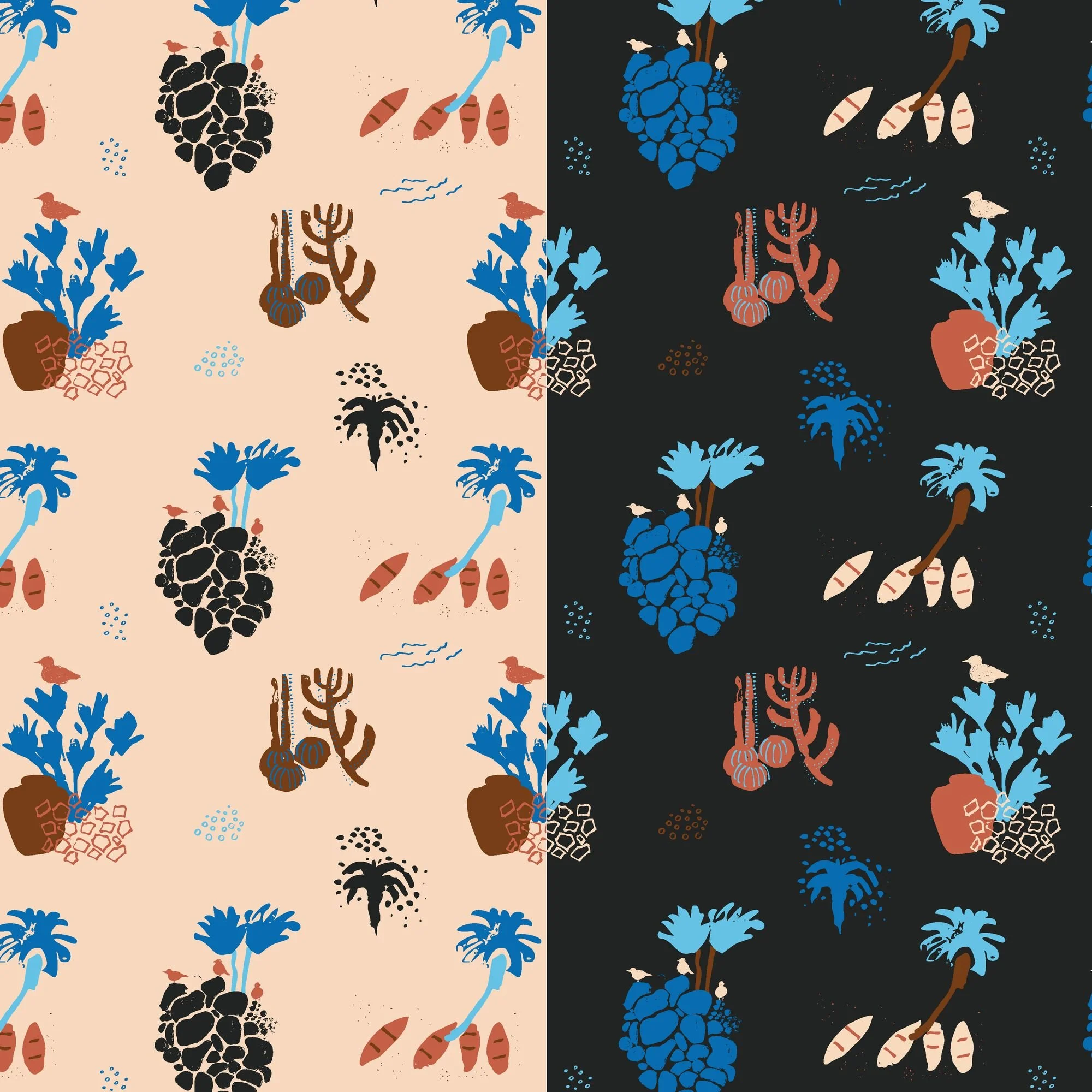 Seamless botanical pattern in two colorways side by side - stacked volcanic rock piles, terracotta pots, blue plant motifs, a cactus and succulent pair, palm trees with perched birds, small kayaks, a fountain and scattered specks, on cream on the lef