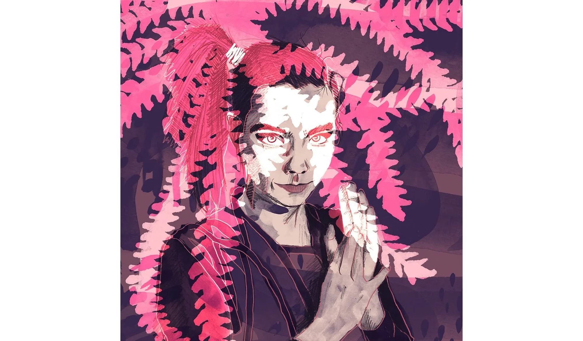 Watercolor portrait illustration of Bjork in pink and violet tones with fern-like shapes blending into her hair and background.