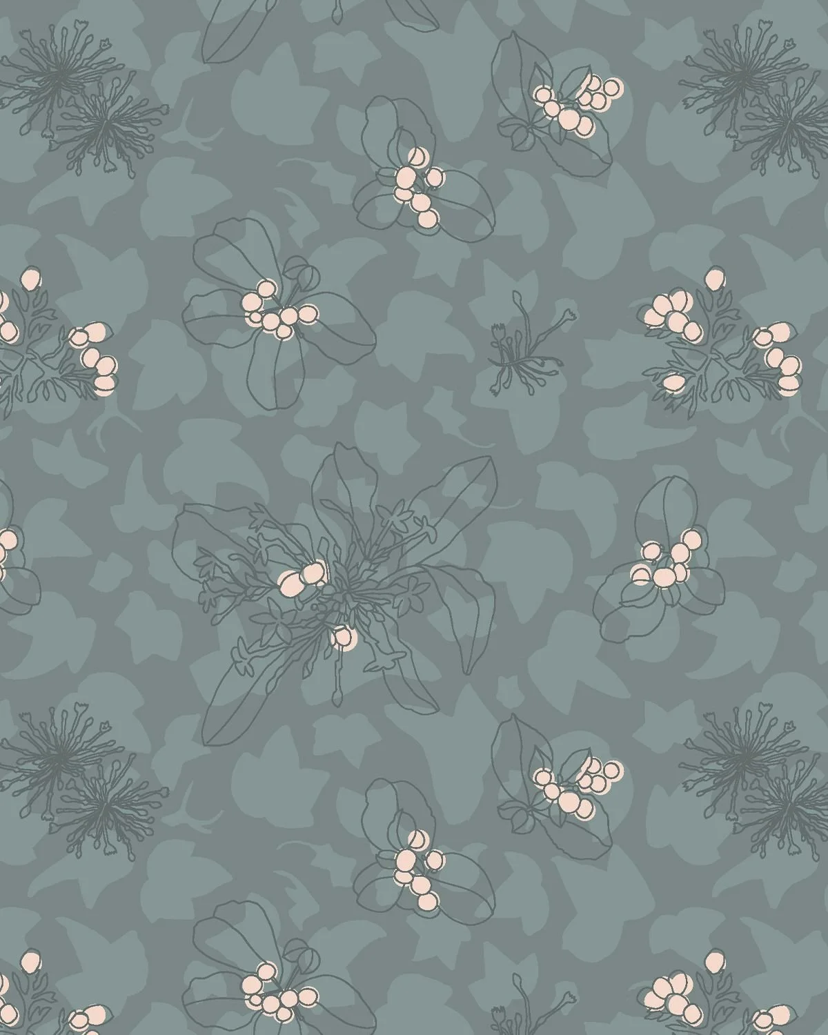 Seamless botanical pattern in dark sage green with ivory rauvolfia line drawings and pale berries, ivy silhouettes layered softly beneath - Bitter Remedy collection coordinate in deep sage.