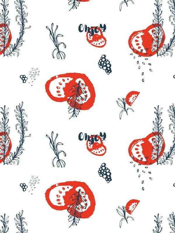 Seamless pattern with rosemary, tomatoes, and pepper on white background - red and indigo palette.