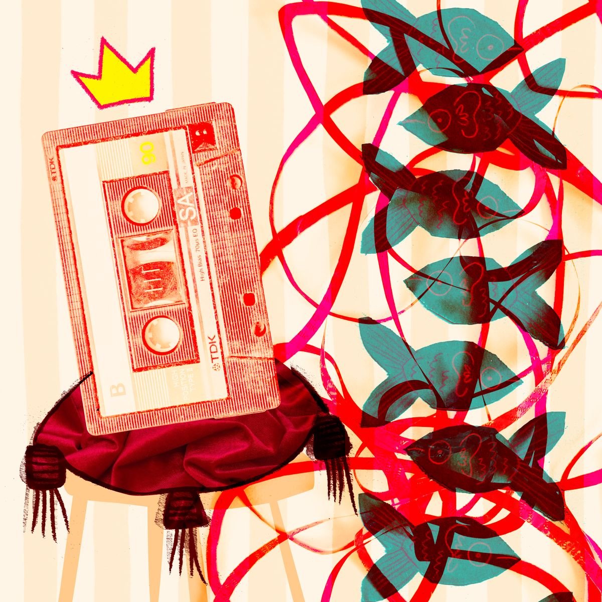 Editorial illustration about someone who dominates every conversation - a cassette tape wearing a paper crown, perched on a red velvet cushion balanced on a wobbly stool, its tape unspooling into red ribbons that wind around a shoal of teal fish with