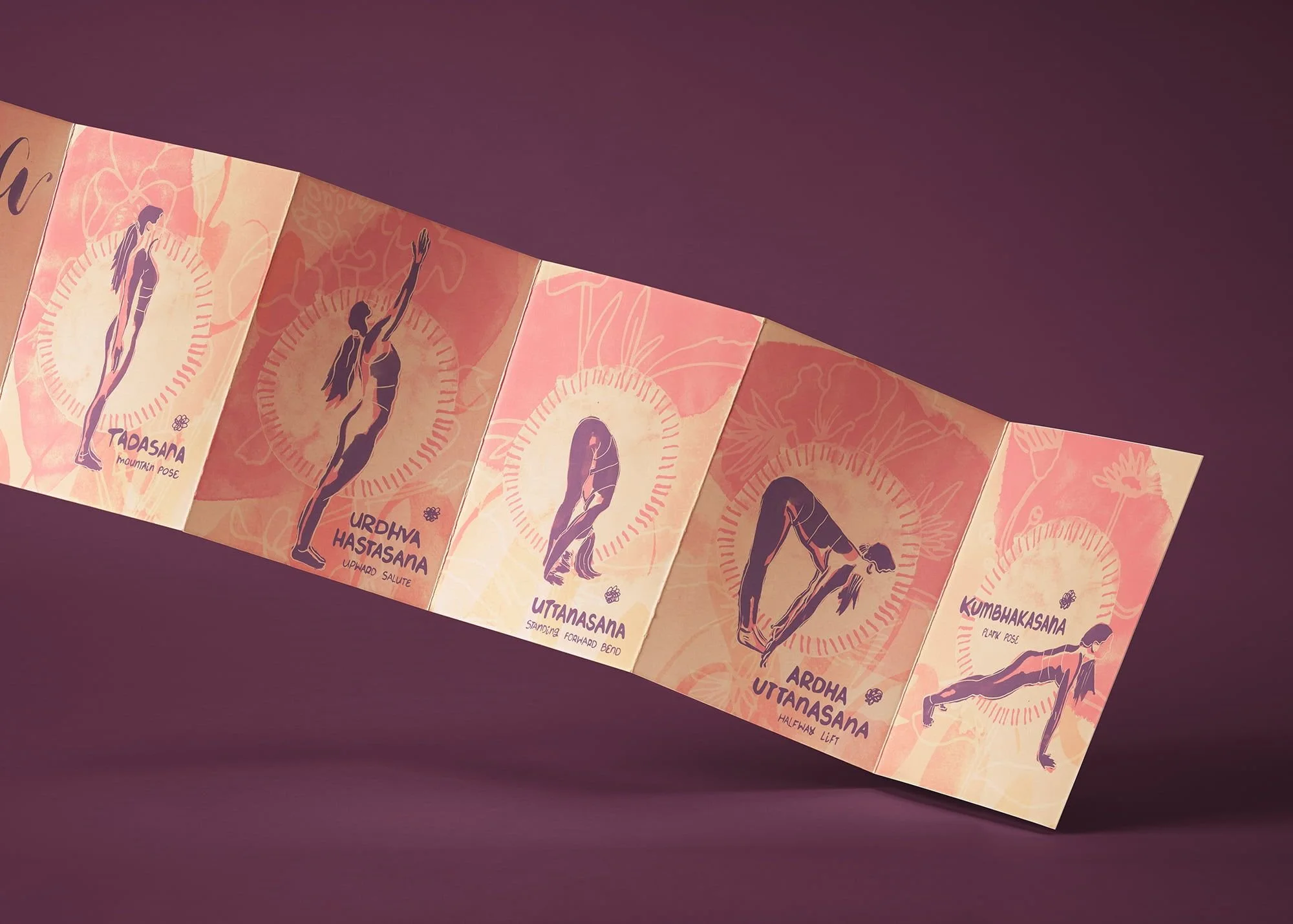 Leporello book mockup with hand-painted Surya Namaskar sequence - soft pastel tones, floral watercolor texture, gentle and meditative mood.