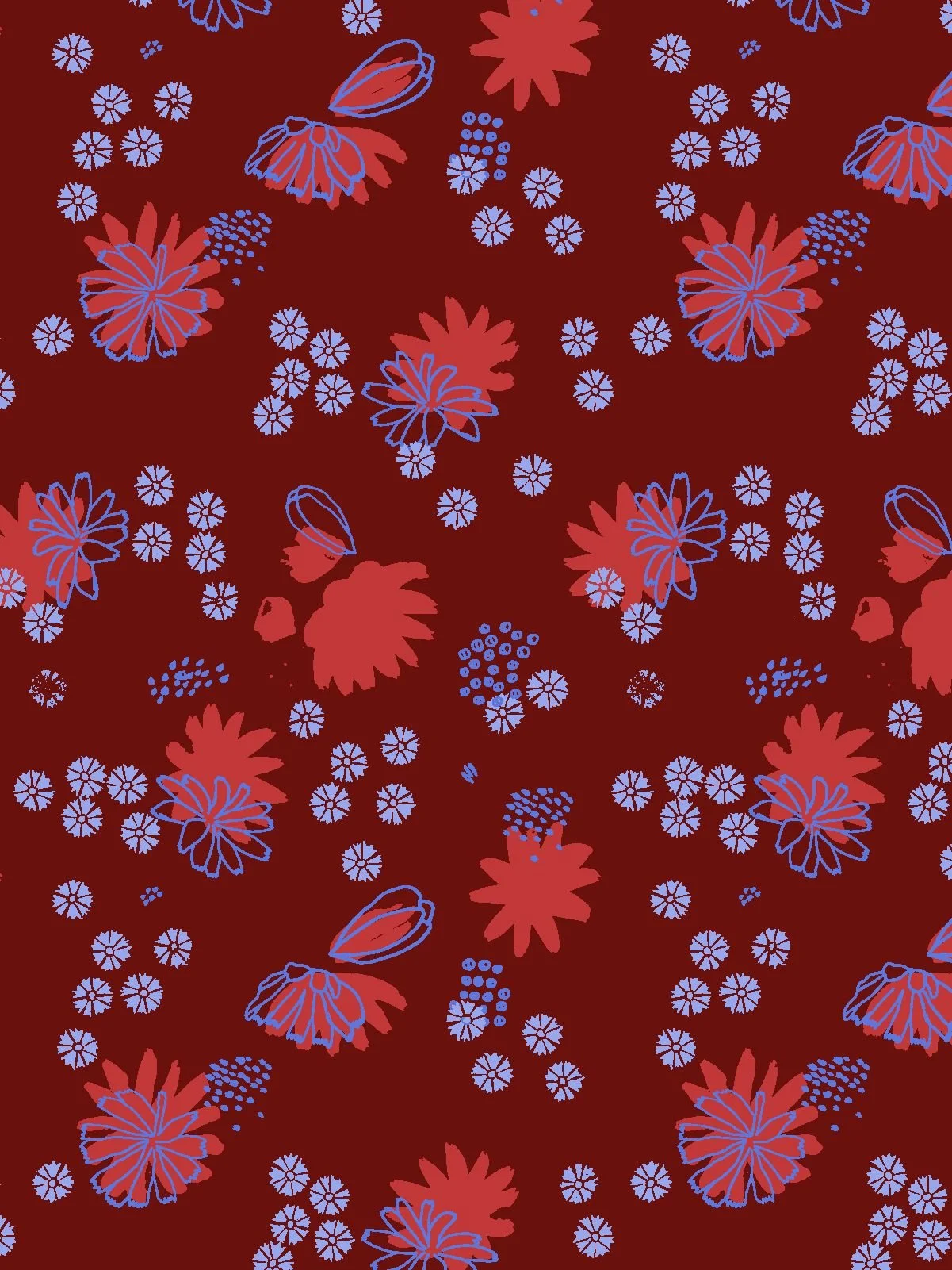 Seamless pattern of chicory flowers outlined in periwinkle blue, scattered across a deep burgundy background - Late Summer Meadow collection coordinate.