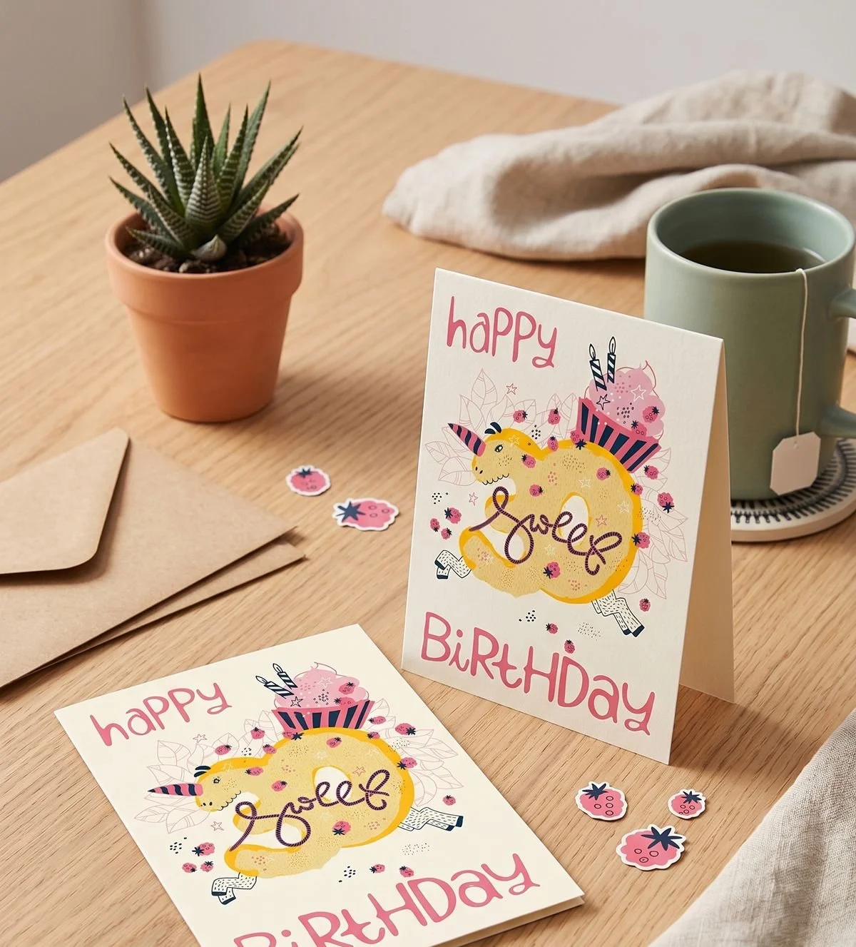 Happy Birthday 30 card - number “30” stylized as a unicorn-capybara with a cupcake on its back, surrounded by raspberries and stars; warm yellows, pinks, and indigo.