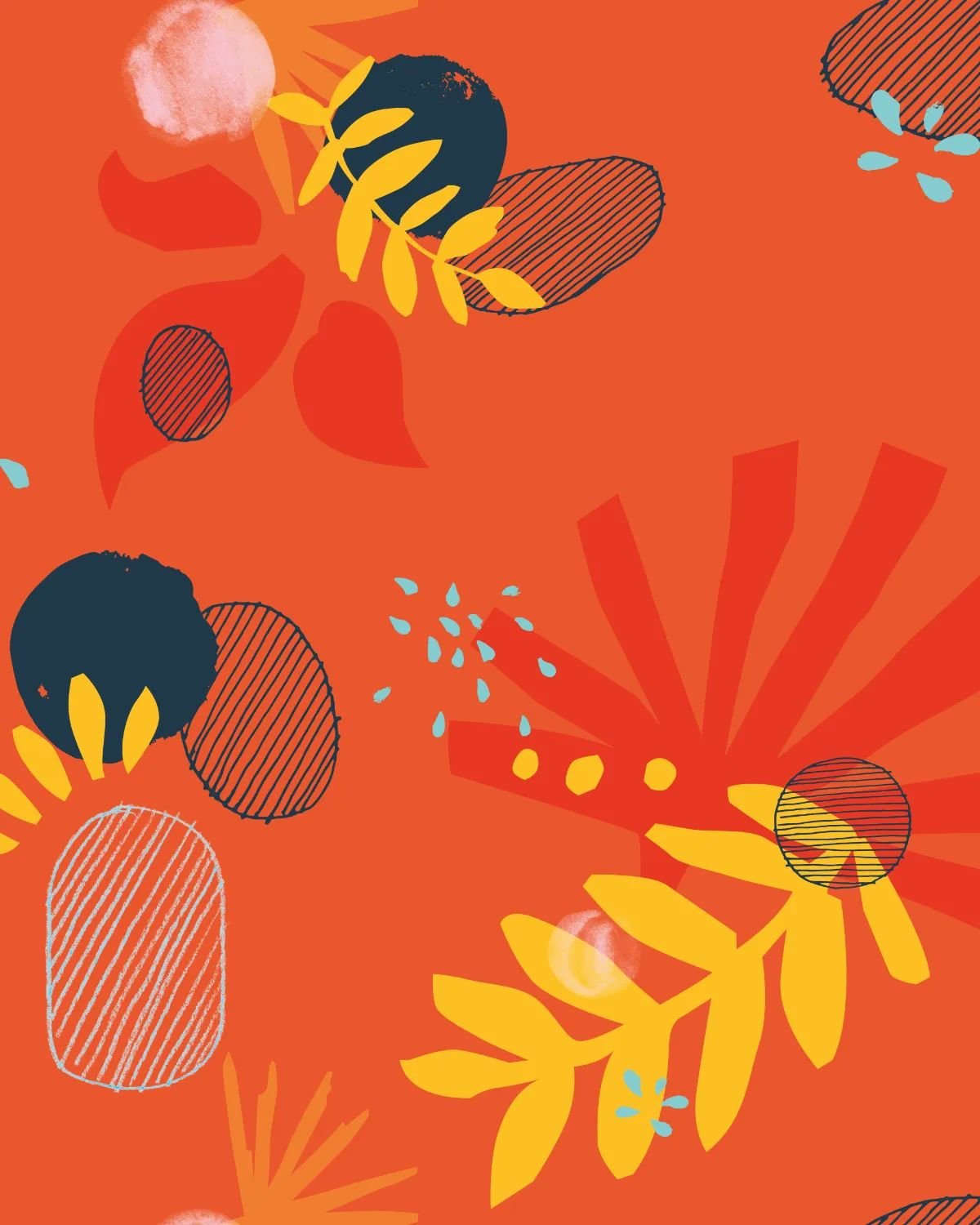 Close-up of tropical pattern showing scattered leaves, geometric red and yellow shapes, and indigo speckles on orange-red background.