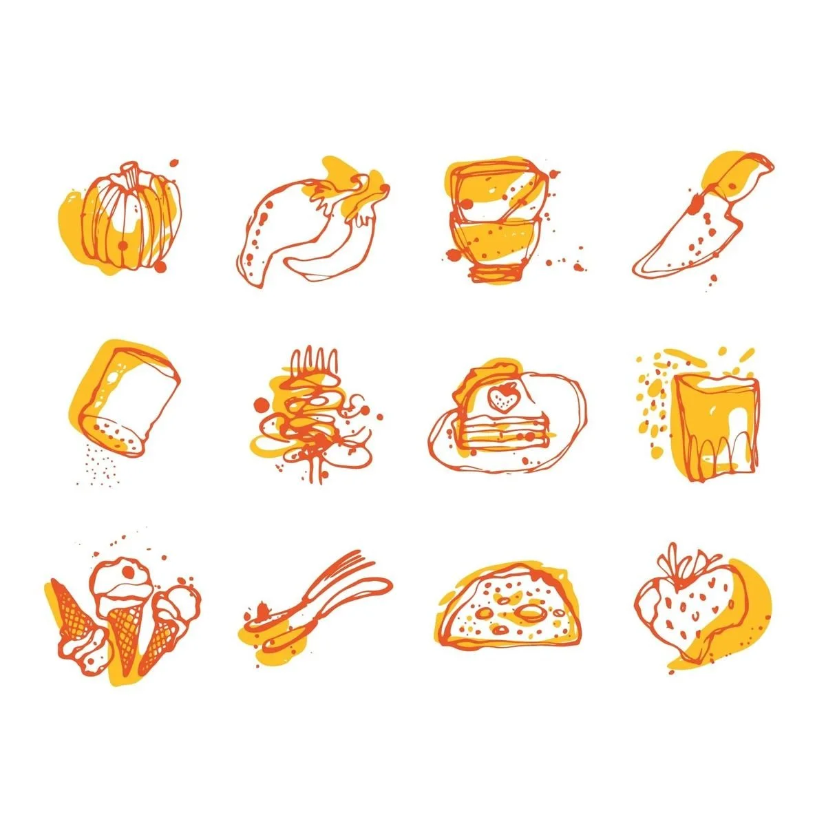 Flat icon-style illustrations of food in warm yellows and oranges, watercolor and ink.