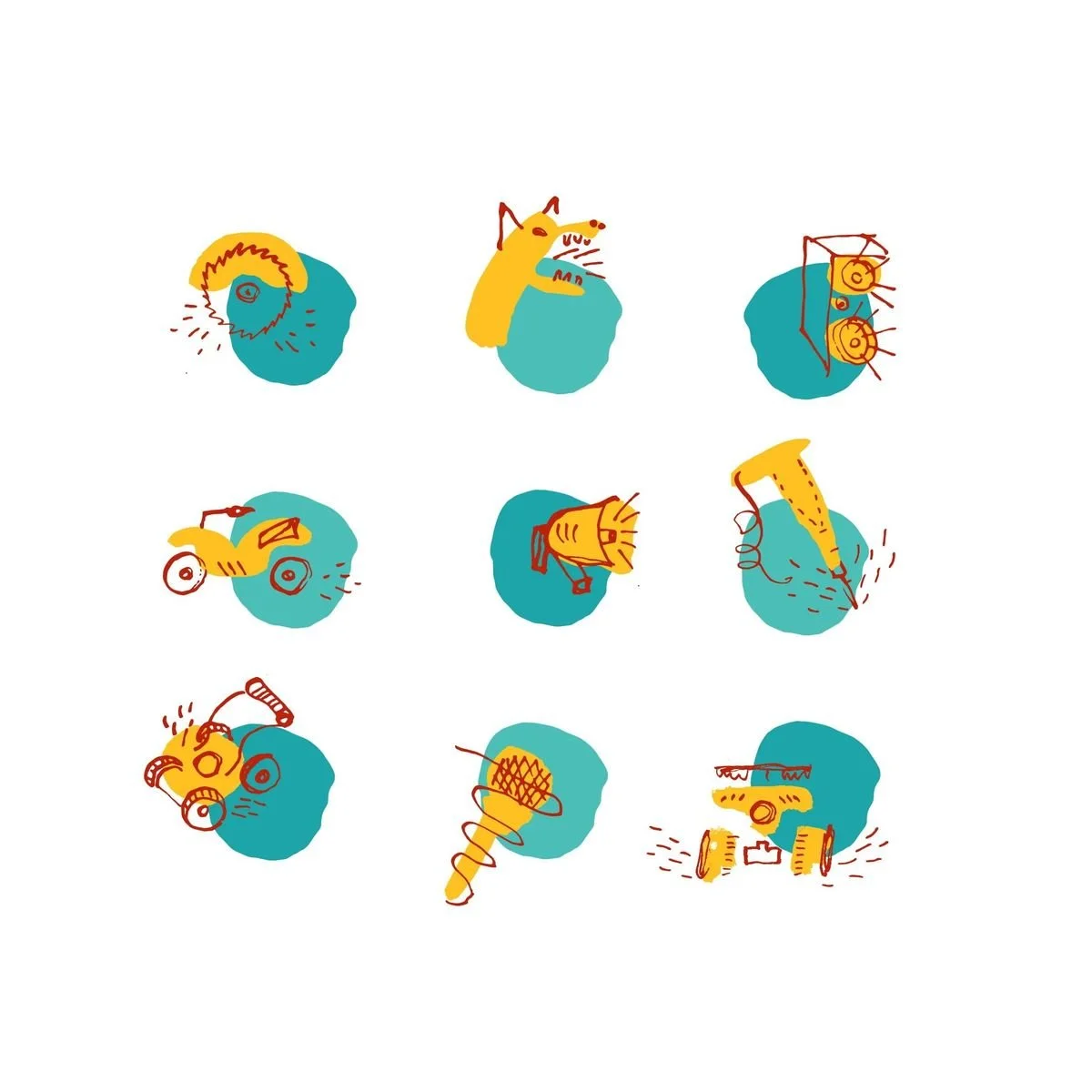 Flat vector-style icons in turquoise and red, inspired by summer noise and urban heat.