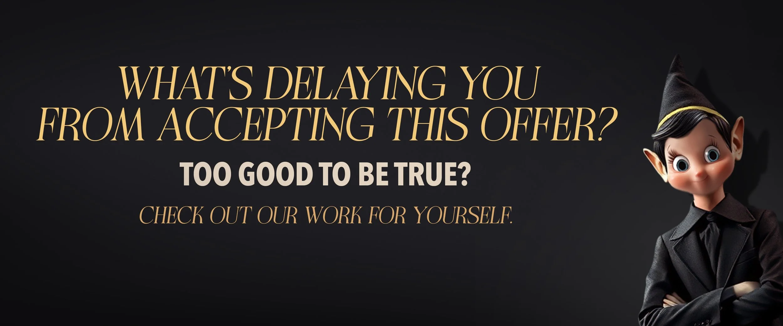 Black background with gold and white text asking about delaying acceptance of an offer, with a small character wearing a black suit and a wizard hat on the right side.