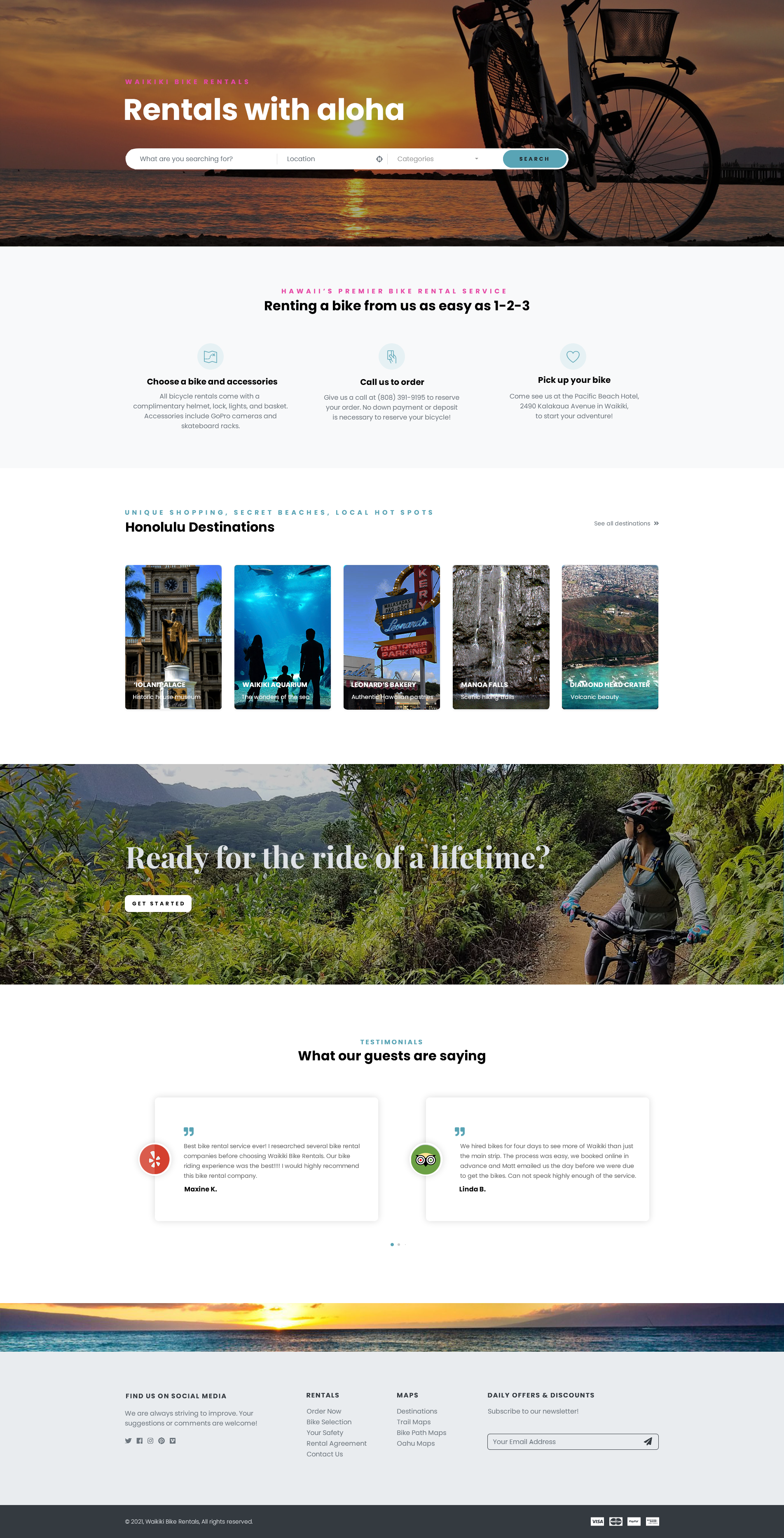 A beach scene at sunset with a bicycle parked on the sand, promoting bike rentals for Waikiki Beach.