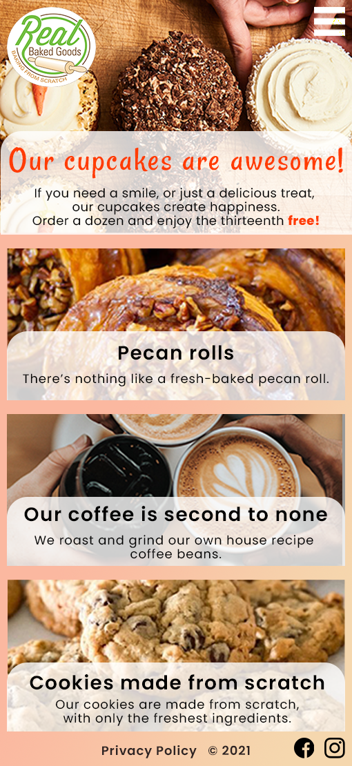 A menu from Real Baked Goods featuring cupcakes, pecan rolls, house-roasted coffee, and cookies made from scratch.
