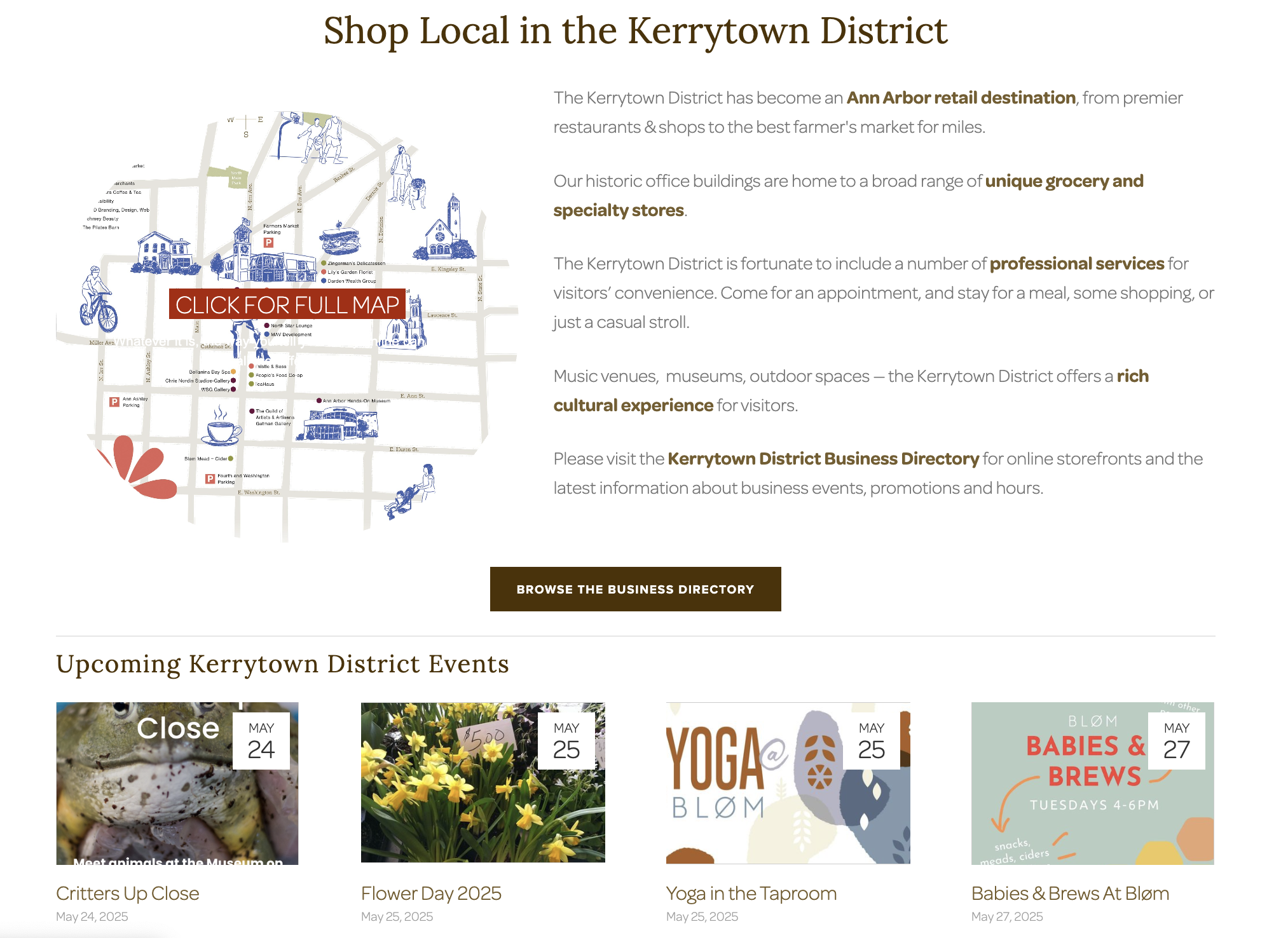 Map of the Kerrytown District with icons of shops, restaurants, and outdoor spaces, and a red button labeled 'CLICK FOR FULL MAP'.