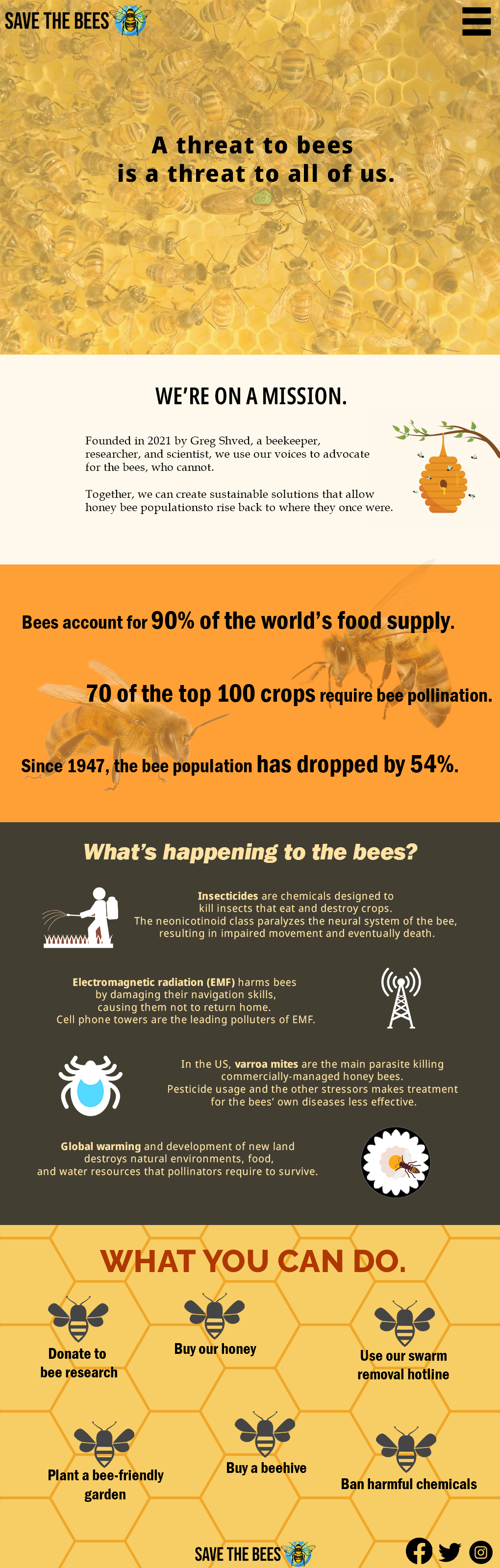Infographic about the importance of bees and threats they face. Features a background with bees on honeycomb, a section with a bee illustration and beehive, statistics about bees' role in the world's food supply, dangers such as pesticides and electr