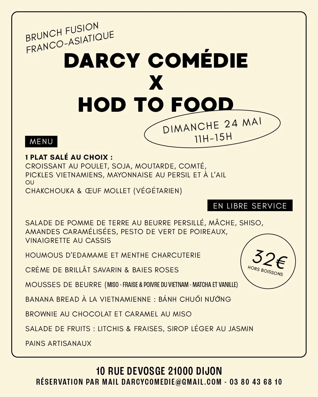 Menu d'un événement avec détails des plats et boissons, date et lieu, prix 32 euros, organisateur Darcy Comédie à Dijon, France.