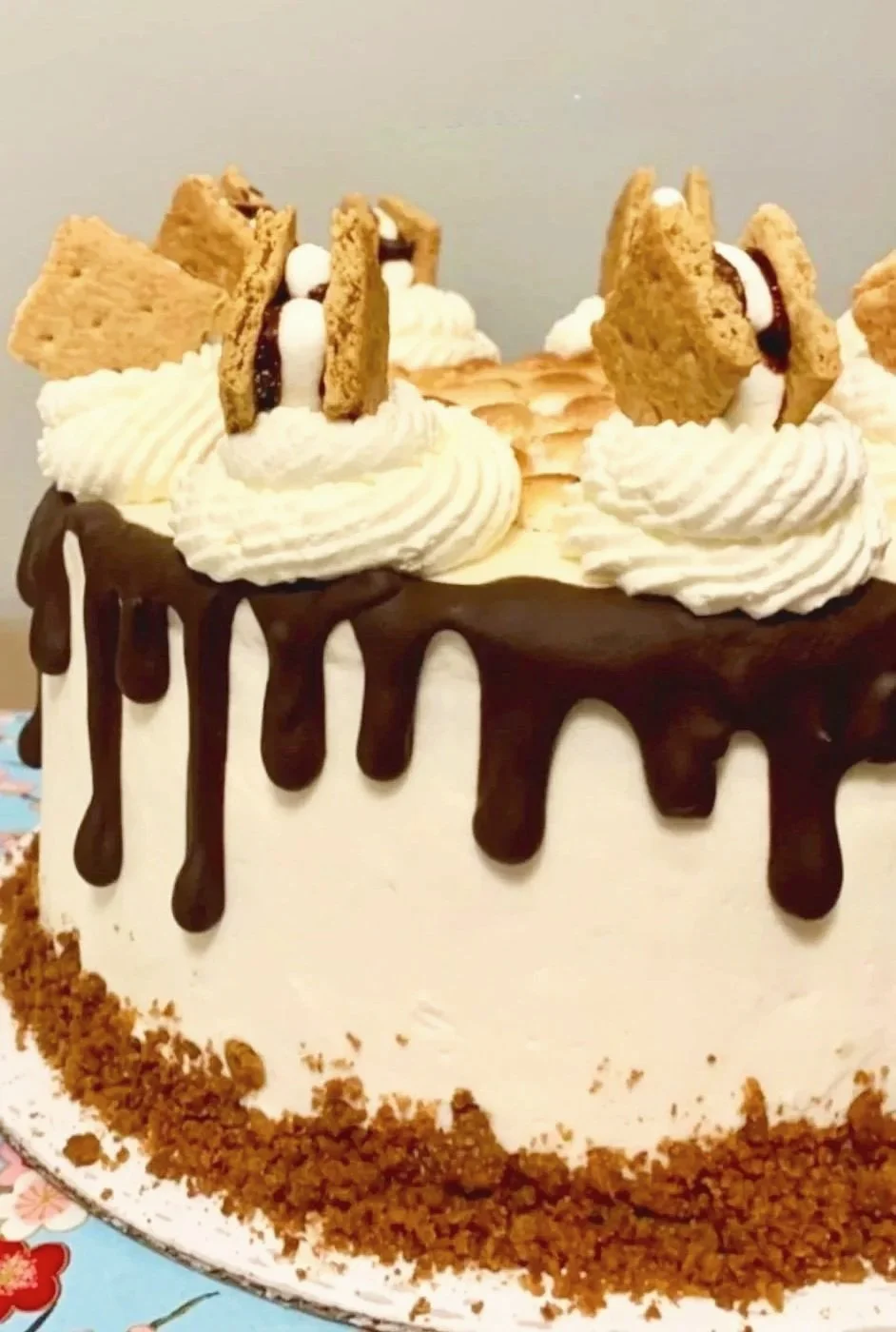 A perfectly decorated S'mores cake with marshmallow frosting, chocolate ganache dripping down the sides, whipped rosettes, and mini s'mores on top.