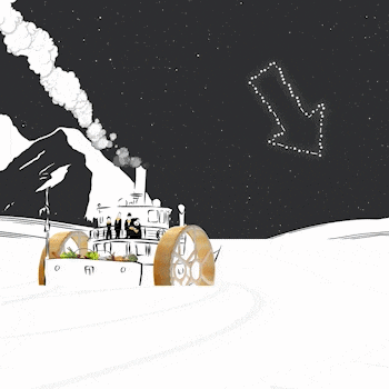 Illustration en noir et blanc d'une montagne et de nuages en dessous, avec un ballon avec des pâtes dans le panier, et un logo avec une épi de blé, accompagnant le texte 'Moisson Estrie'.