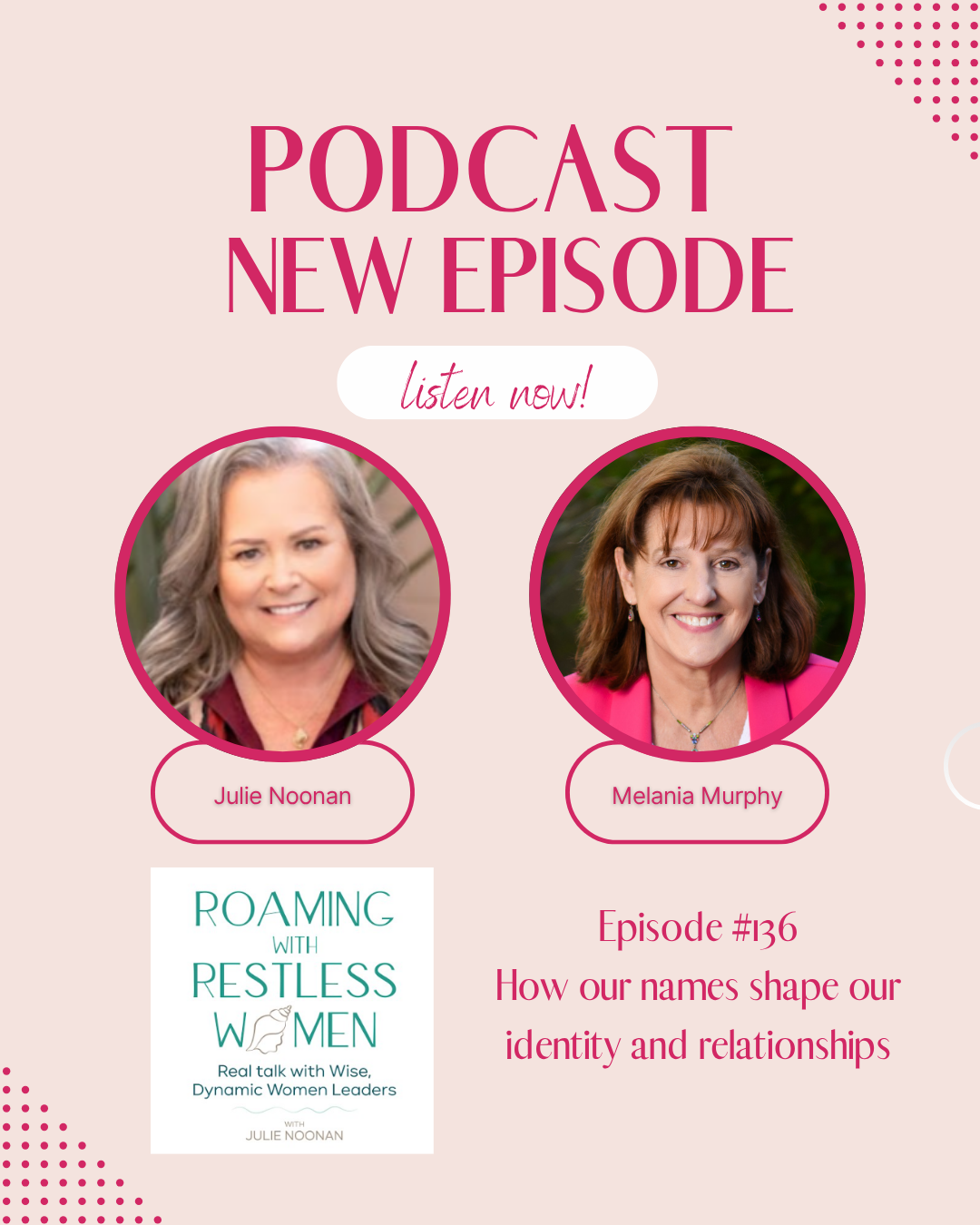 Promotional social media graphic for a podcast featuring Julie Noonan and Melania Murphy. The graphic promotes a new episode titled 'How our names shape our identity and relationships,' episode 136, part of the 'Roaming with Restless Women' series, with a note to listen now. The design includes photos of the hosts, episode details, and decorative pink dots.