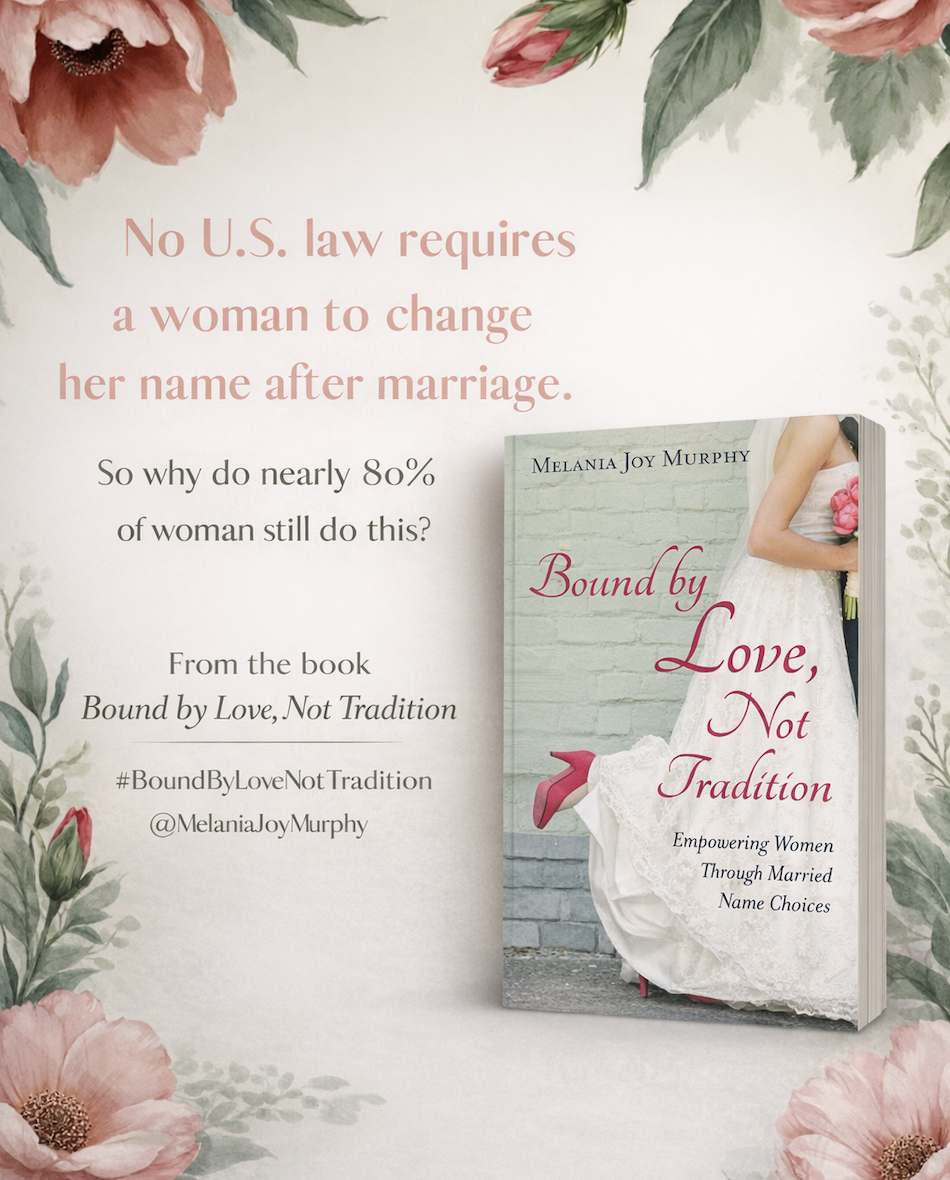 Book cover titled 'Bound by Love, Not Tradition' by Melania Joy Murphy, featuring a bride holding a bouquet of pink flowers, with pink and green floral decorations on the poster.