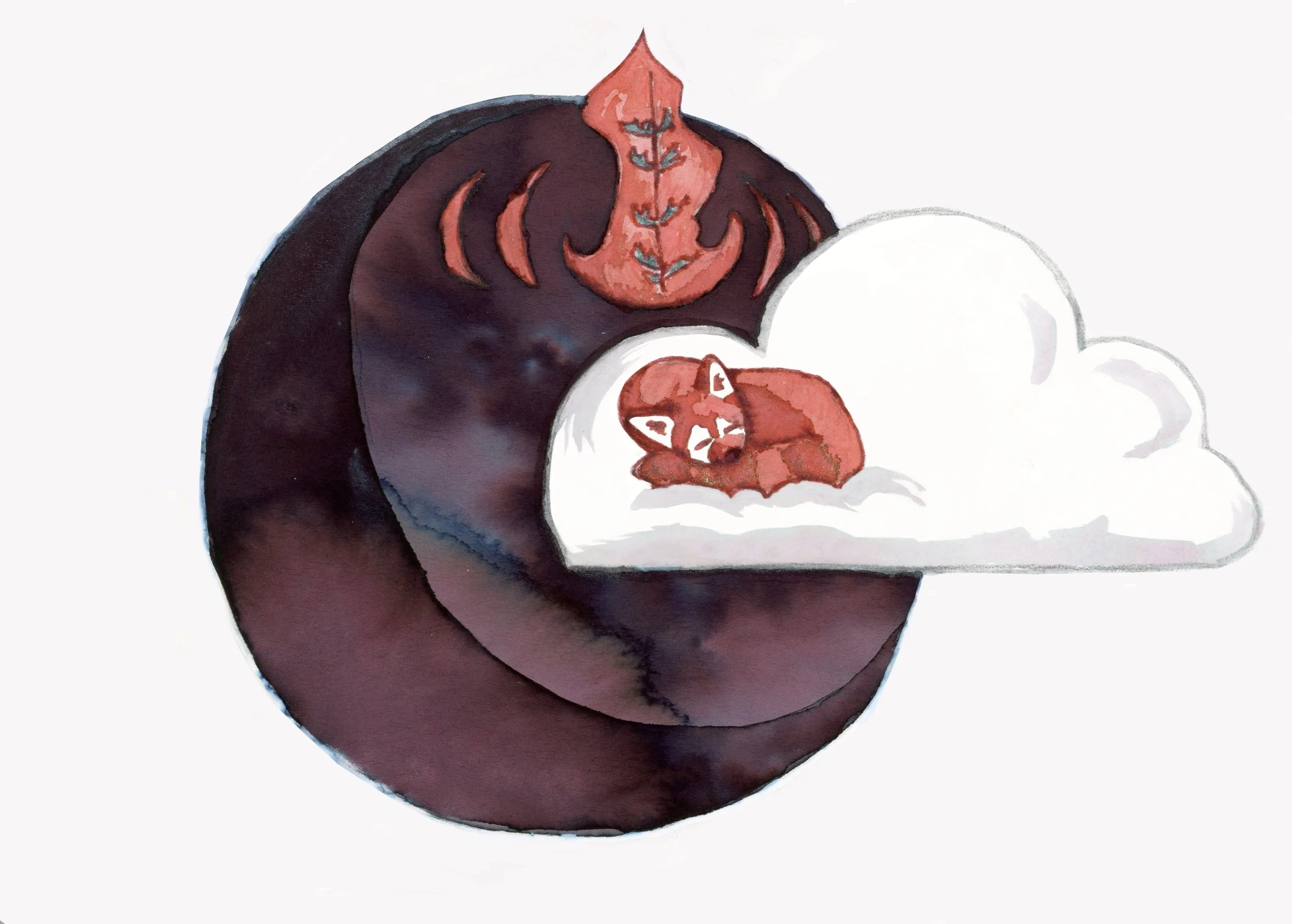 ink painting of a red panda sleeping on a cloud with a fire emblem above it and a dark sky circle behind the cloud