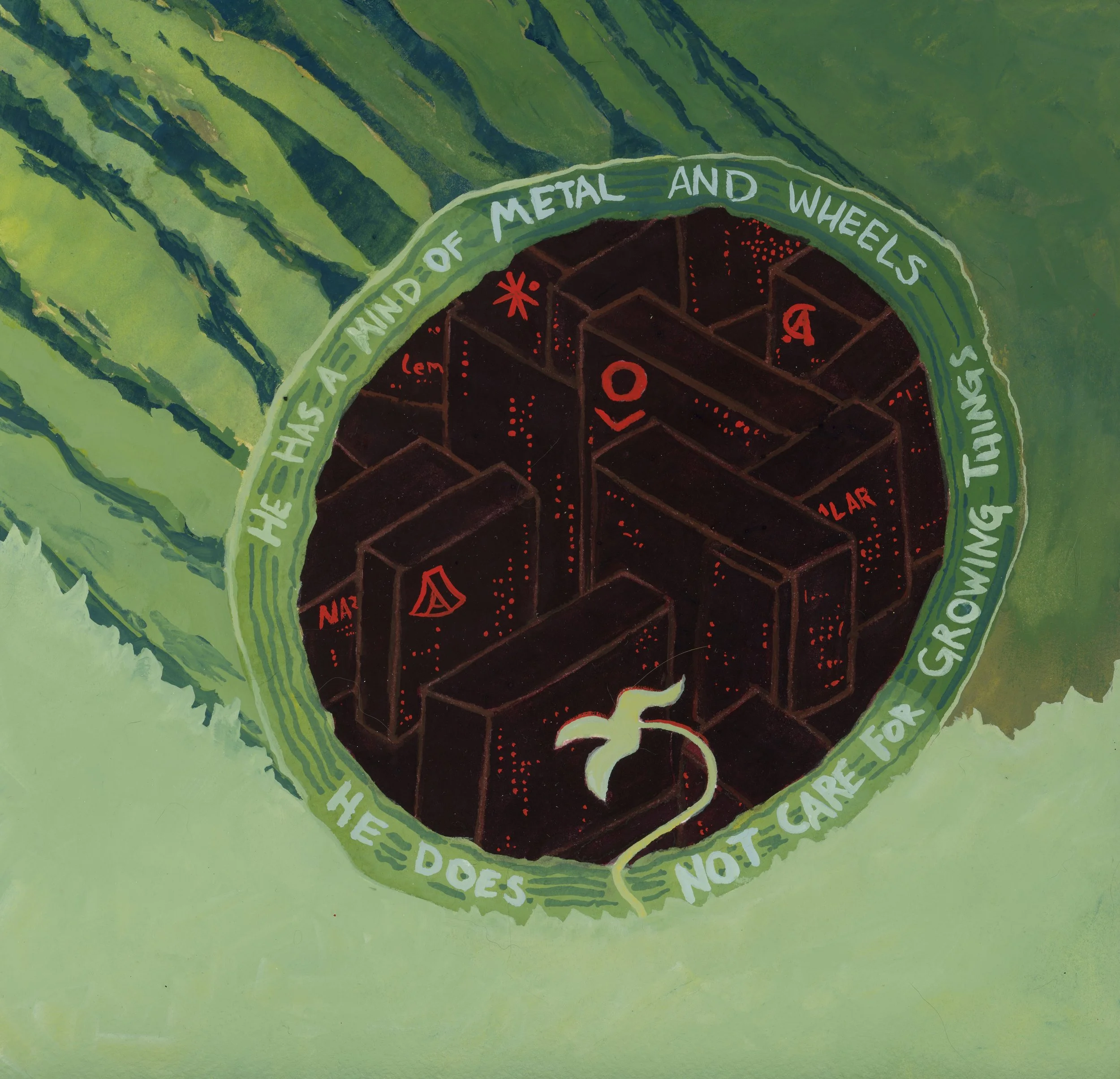 gouache painting of a fallen tree, the interior of which is a window into a data center with logos of various companies on the server towers. A small plant grows in front and the log says "He has a mind of metal and wheels - he does not care for grow