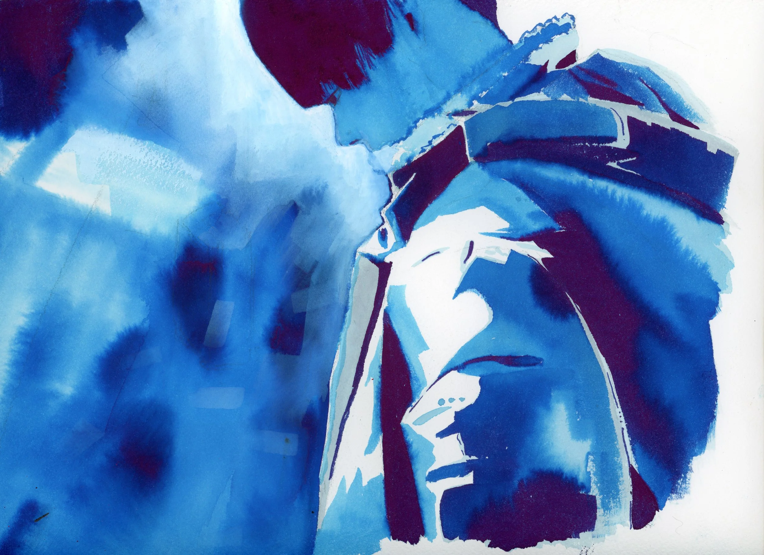 Blue ink painting of a man
