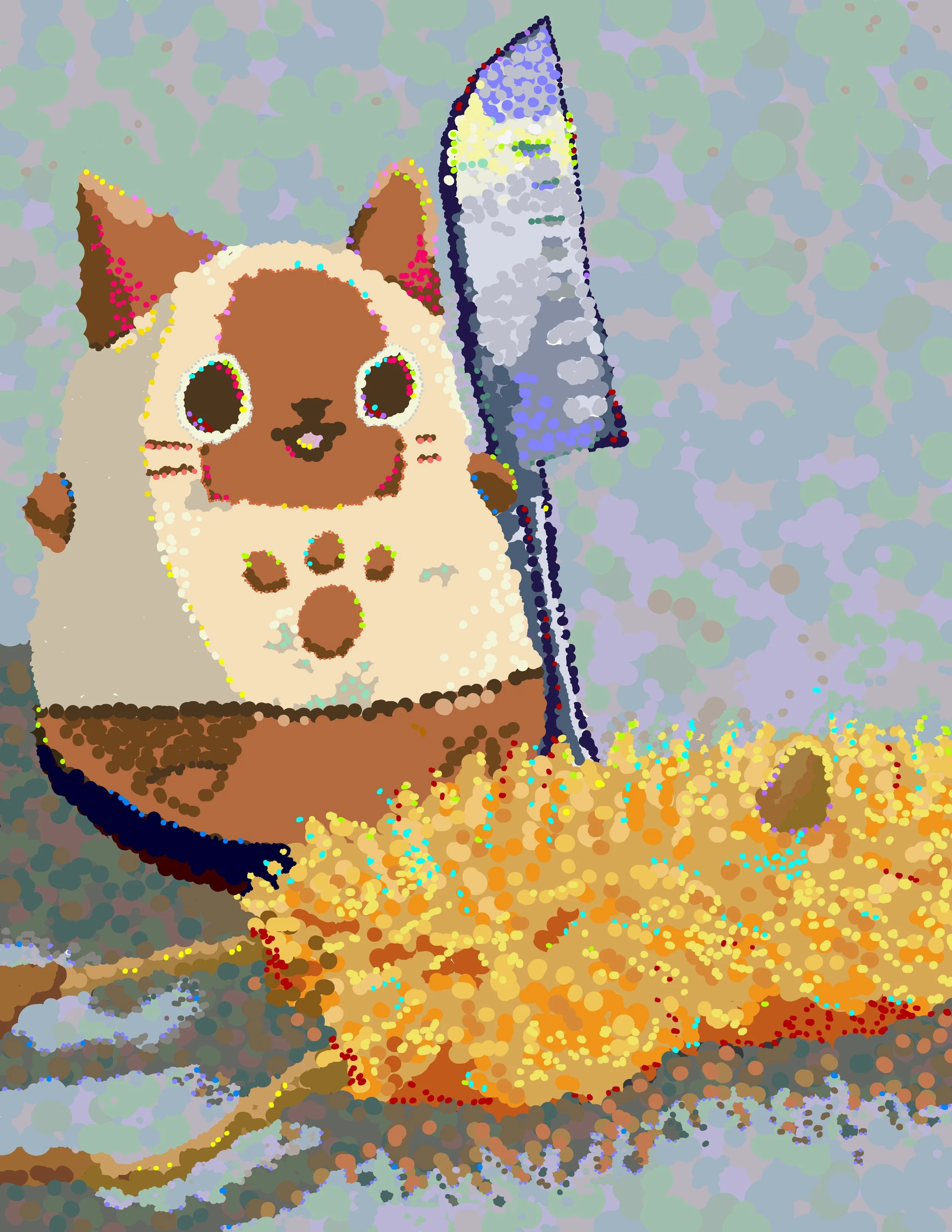 digital pointilism drawing of an Airou plushie holding a knife over a prone cat toy that looks like a chicken