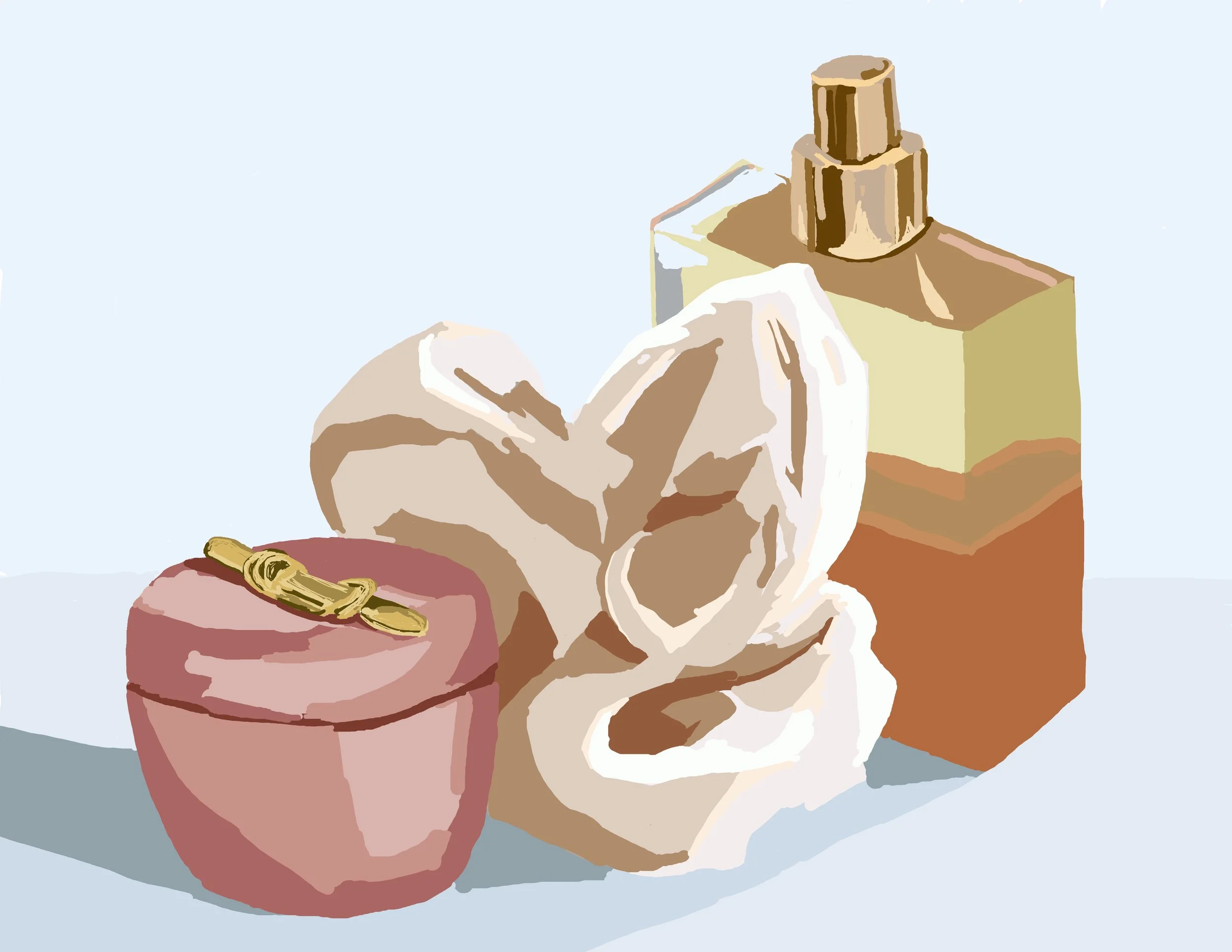 digital drawing of feminine items including face cream, hair tie, and perfume