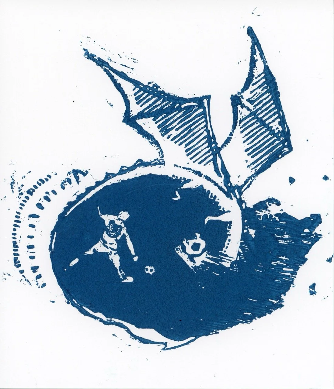 linocut print of a boy playing soccer with a dragon