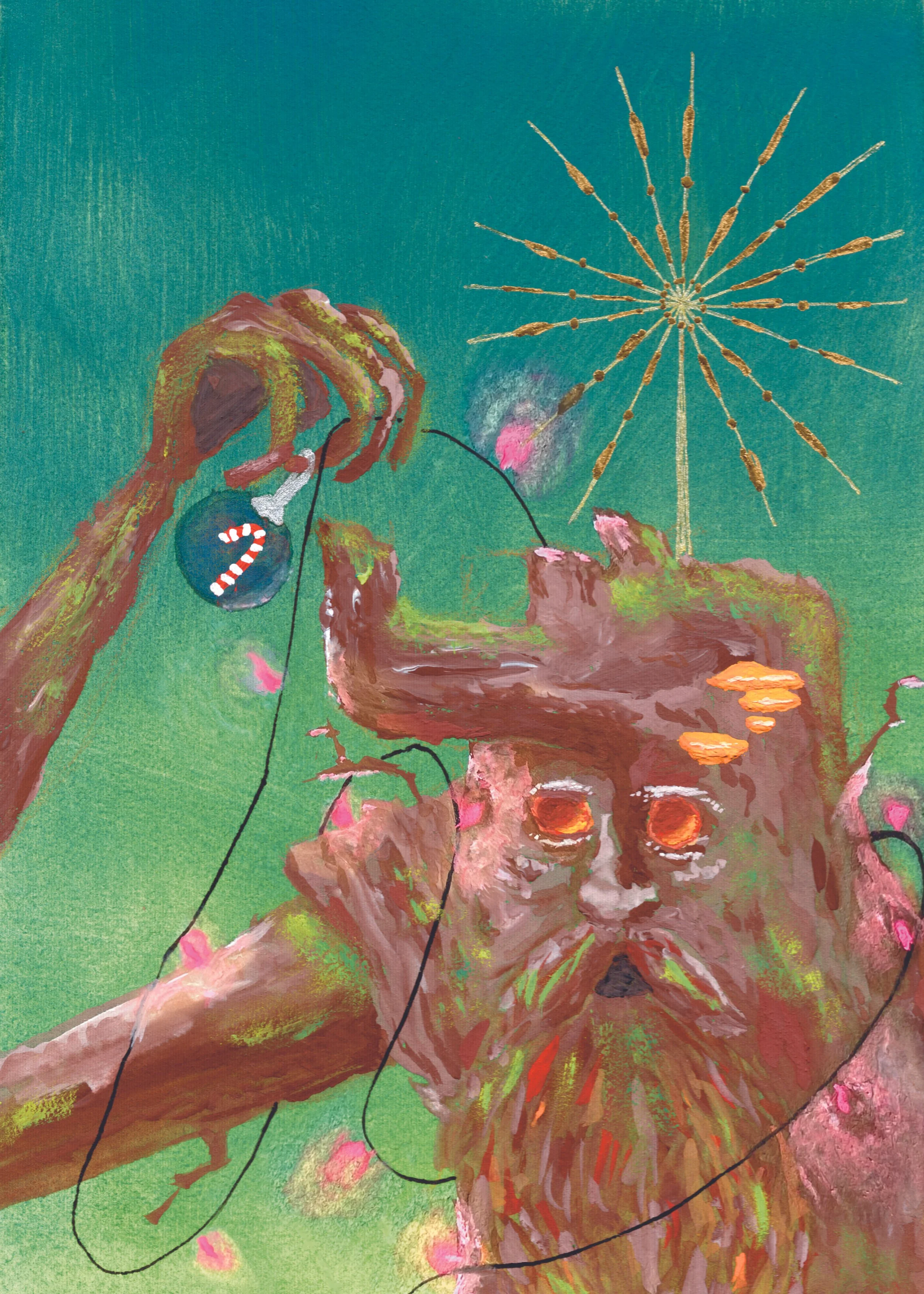 gouache painting of Treebeard from The Lord of the Rings as a Christmas tree