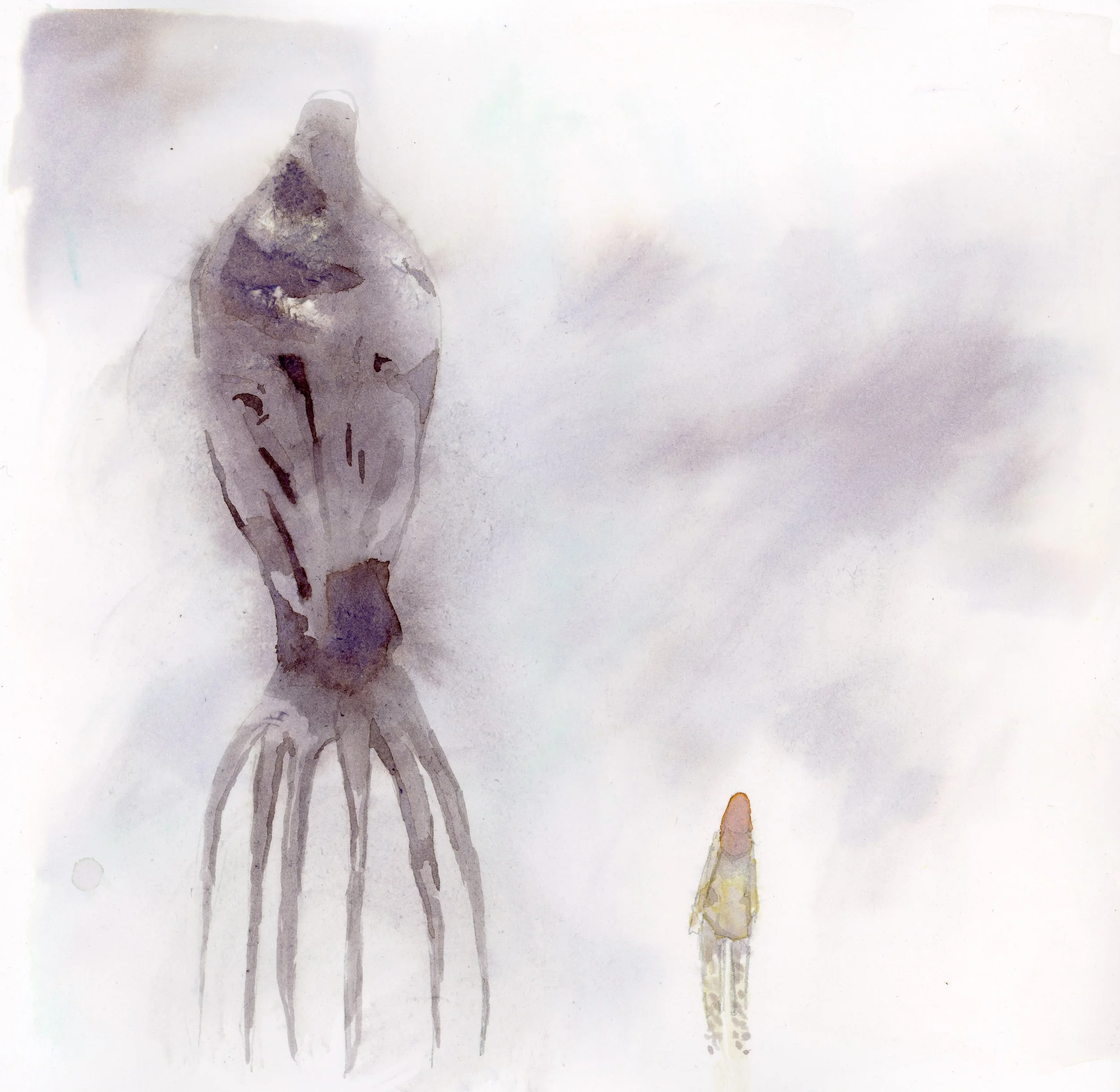 ink and watercolor painting from a scene in Arrival, where the main character meets the giant cephalopod aliens