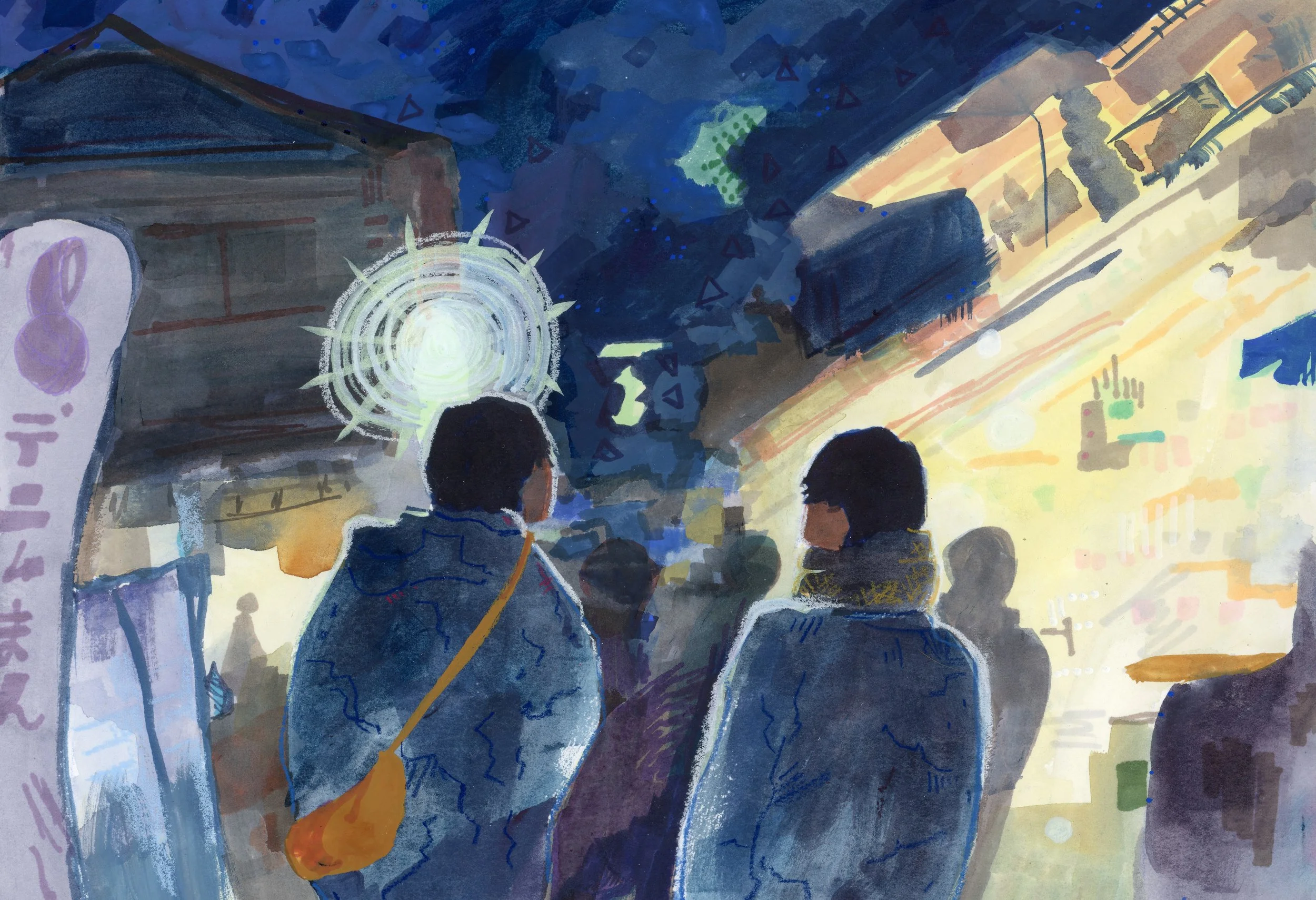 gouache painting of two men walking through the lively Enoshima market at night