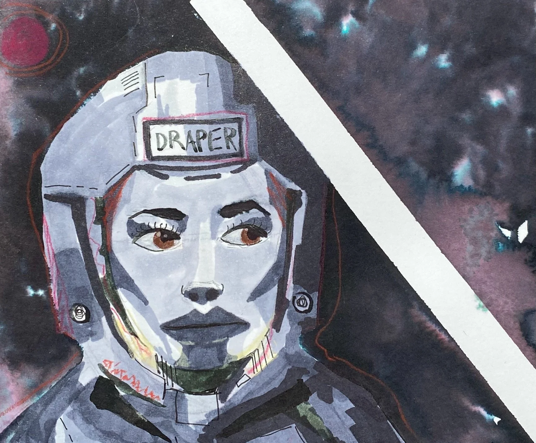 ink and alcohol marker of Bobbie Draper from the Expanse series suited up for space walks, a red mars behind her