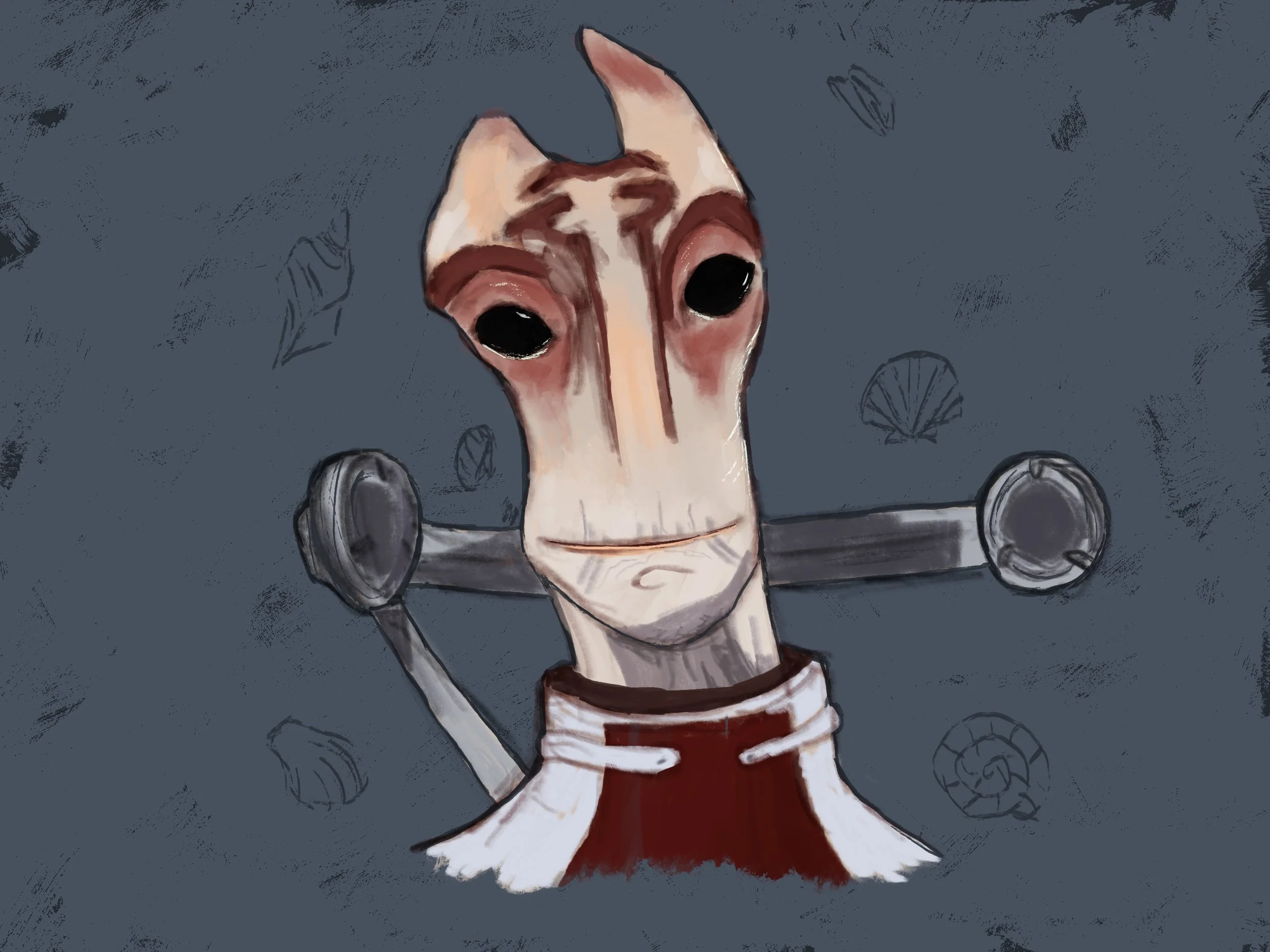 digital drawing of Mordin from Mass Effect with a shell pattern in the background