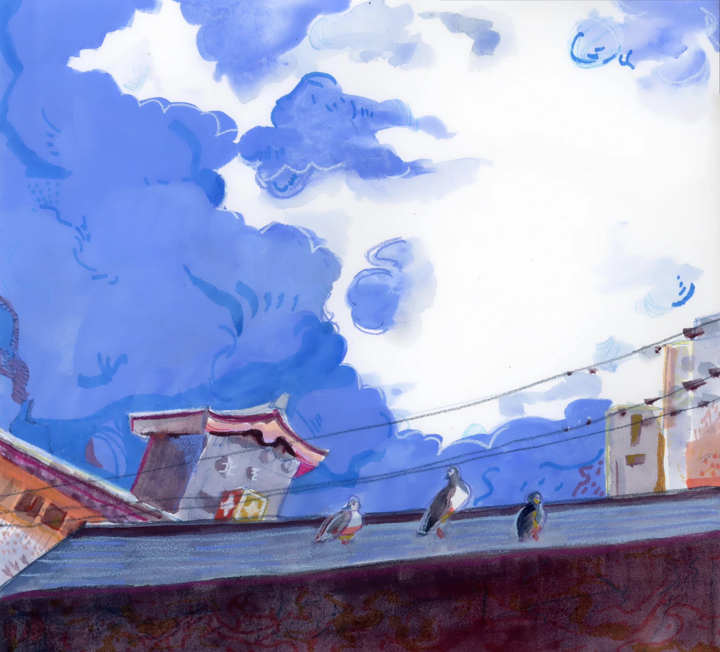 gouache painting of pigeons on a rooftop in Kyoto, with embellishments in pastel pencil and alcohol marker