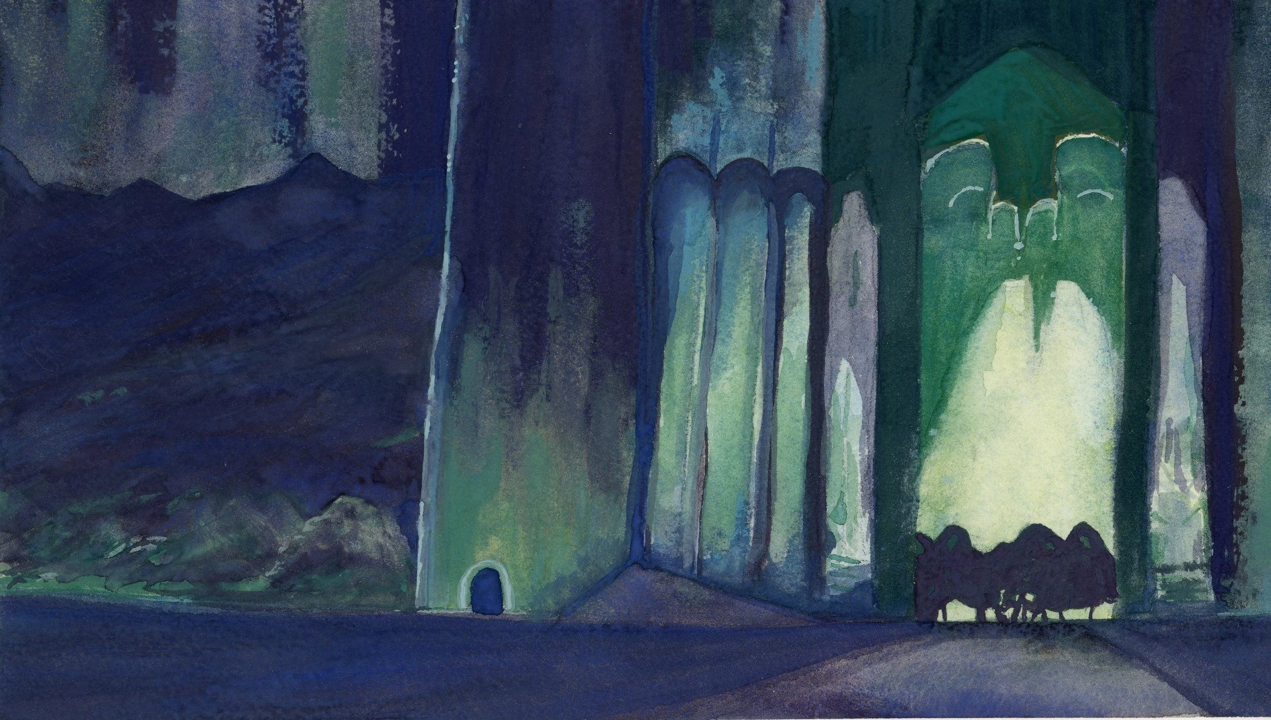 gouache painting of the Nazgul leaving Mordor, silhoetted against the sickly green