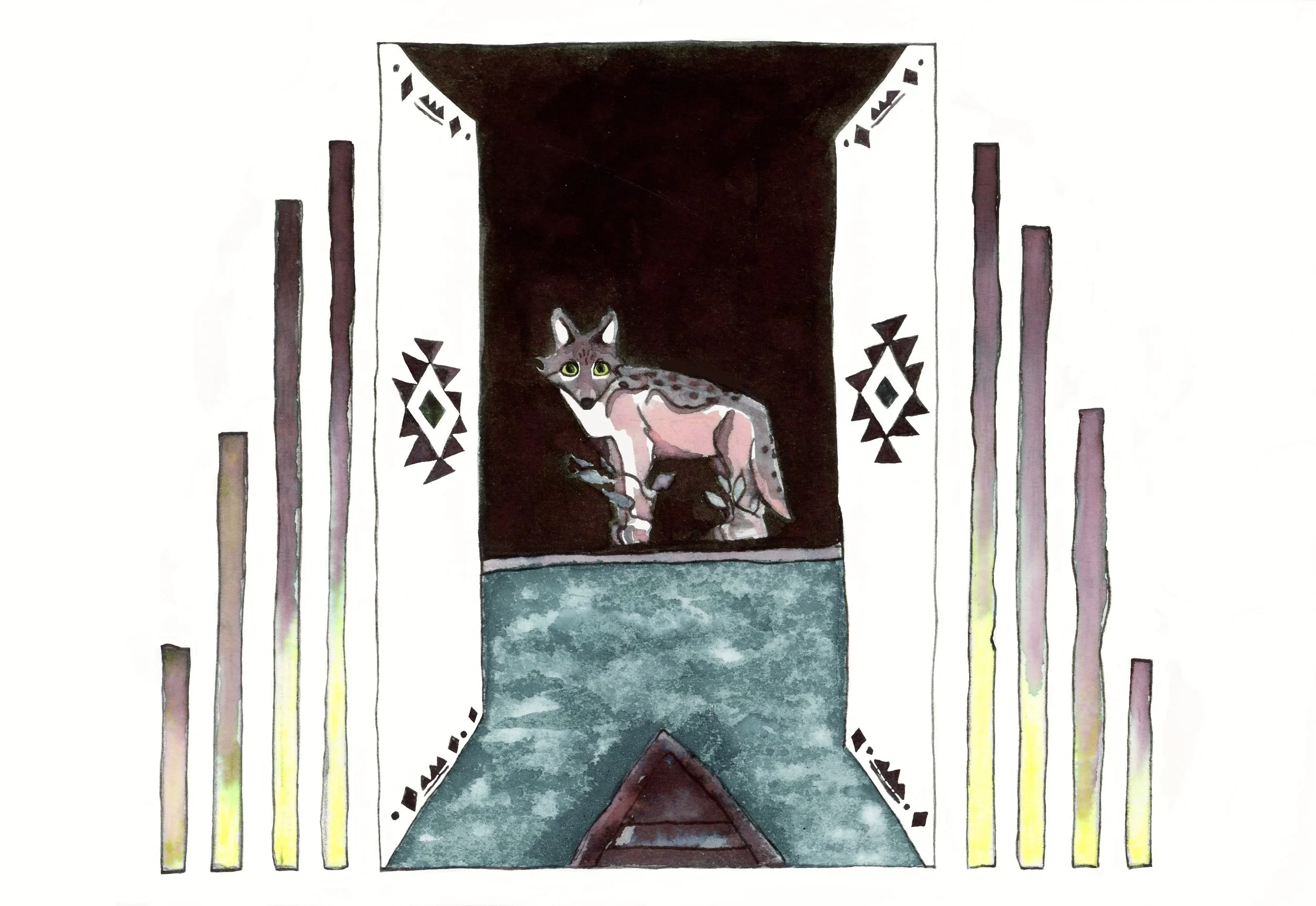 watercolor and ink painting of a Mexican Wolf guarding the underworld, with the perspective of a boat entering through the doors
