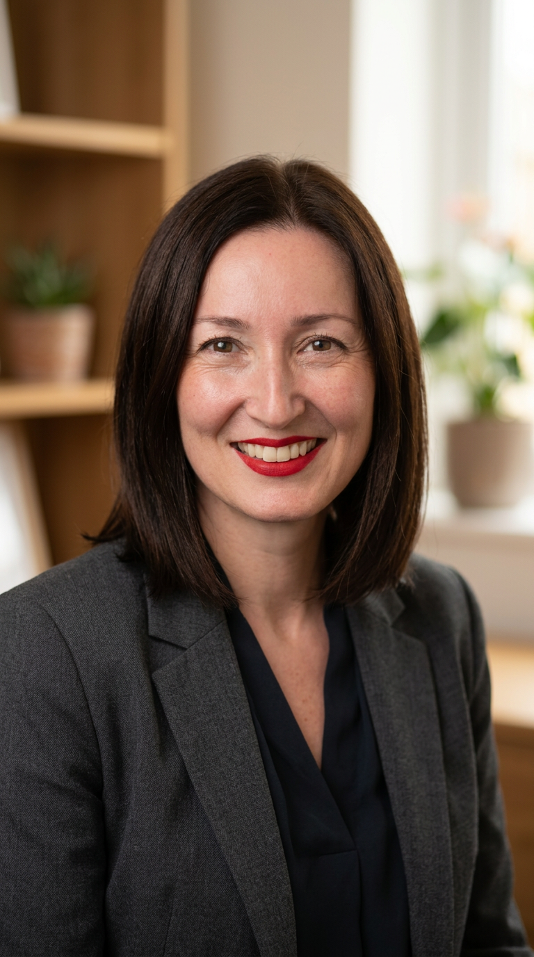 White middle aged woman with dark brown hair, brown eyes, and warm smile.