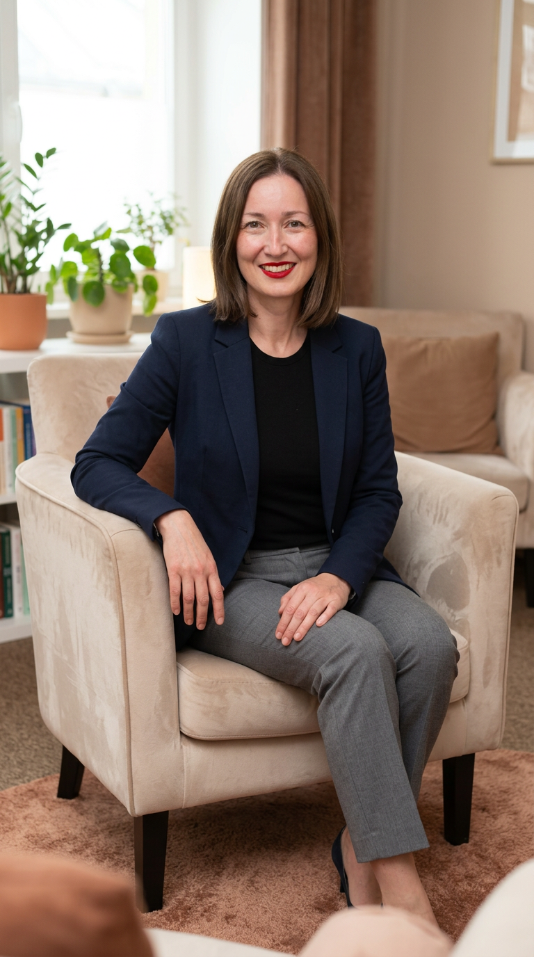 Woman, middle aged, brown hair, brown eyes, seated on cream chair with warm smile.