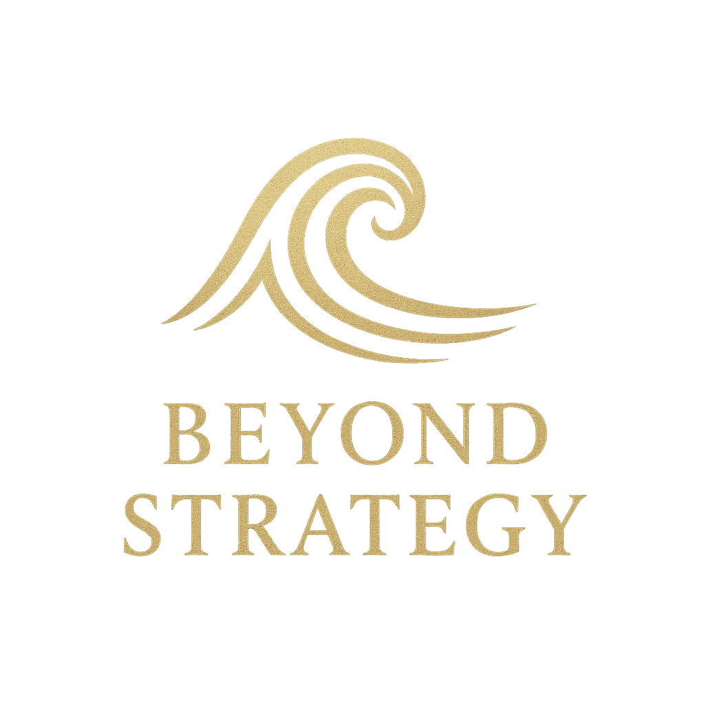 Gold stylized wave graphic above the text 'Beyond Strategy' in gold lettering.