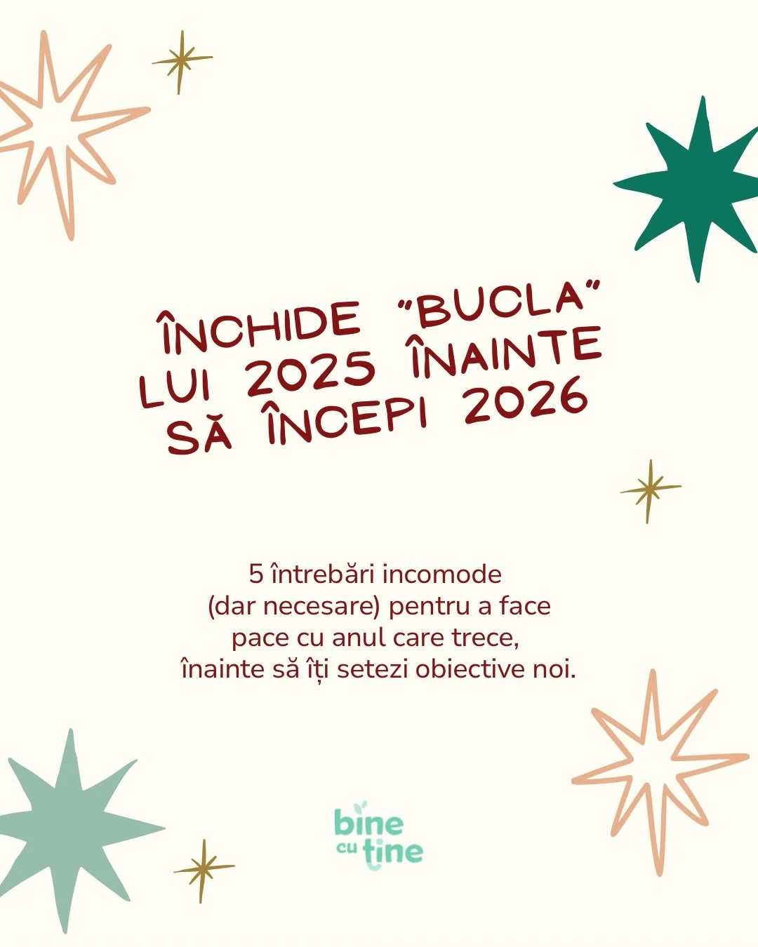 Inventarul emoțional nu se face cu cifre, ci cu adevăruri incomode.
&Icirc;nainte să deschizi șampania sau să cumperi o agendă nouă, te invit să &icirc;nchizi &bdquo;tab-urile&rdquo; care au rulat &icirc;n background tot anul 2025.

&Icirc;ntrebarea 