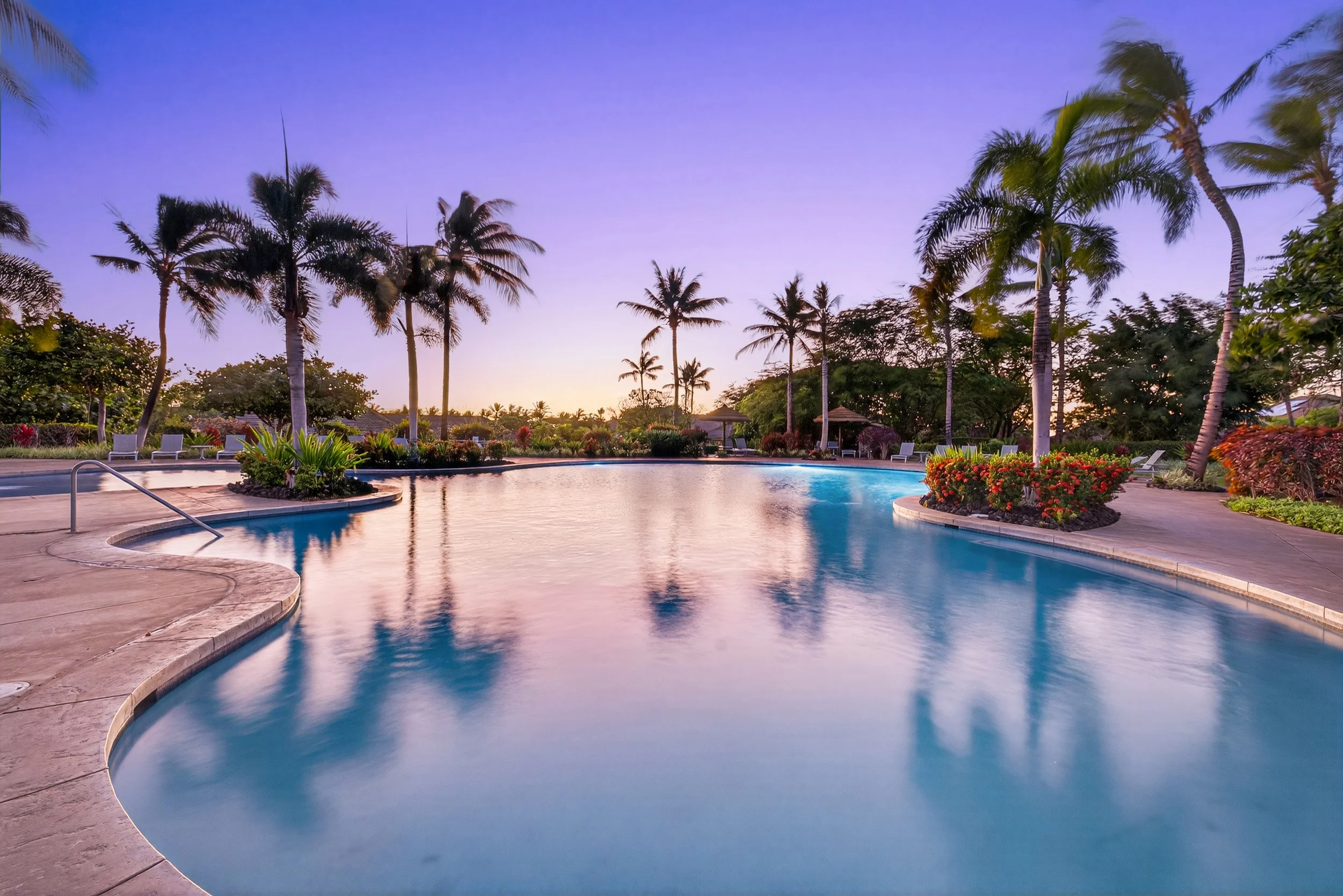 A tranquil outdoor swimming pool area with palm trees and tropical plants at sunset.