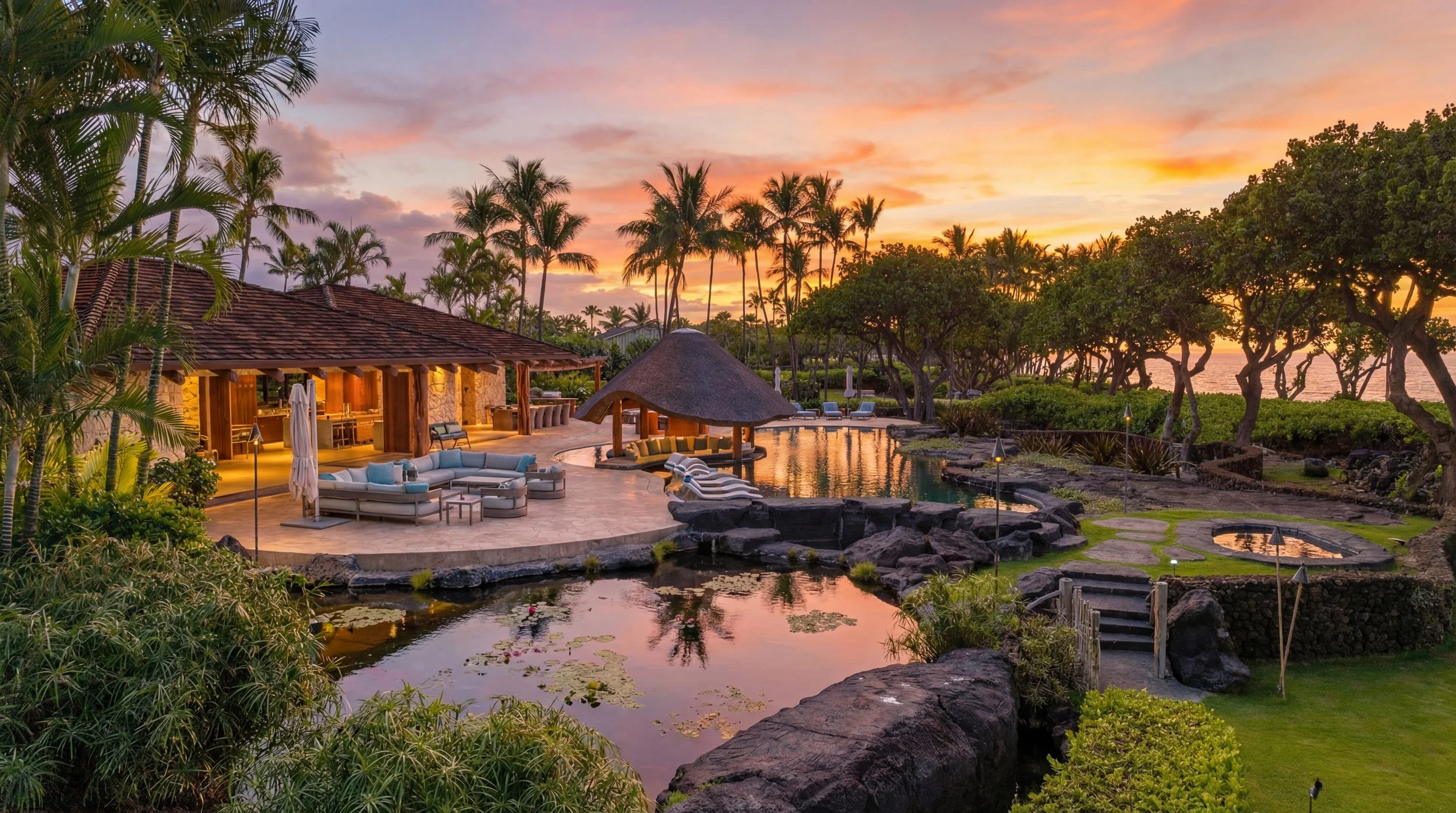 A luxurious tropical resort during sunset with a swimming pool surrounded by lounge chairs, lush trees, and a thatched gazebo.