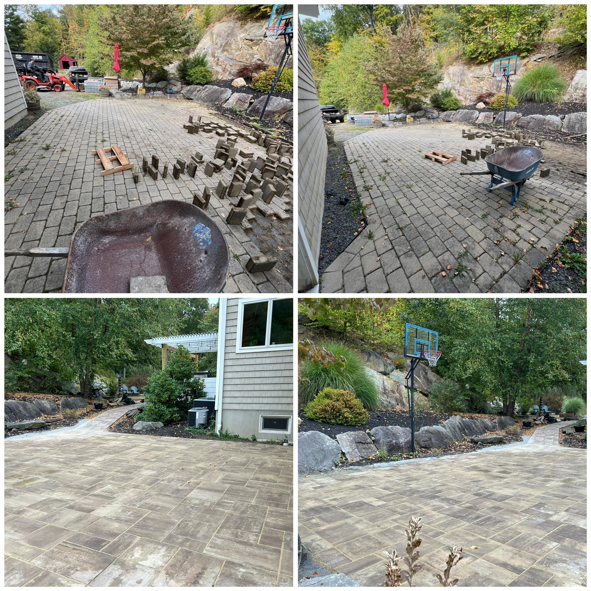 Photos of a backyard transformation showing a before image with a brick paver patio with construction materials and tools, and an after image with a finished stone patio, along with landscaping and a basketball hoop.