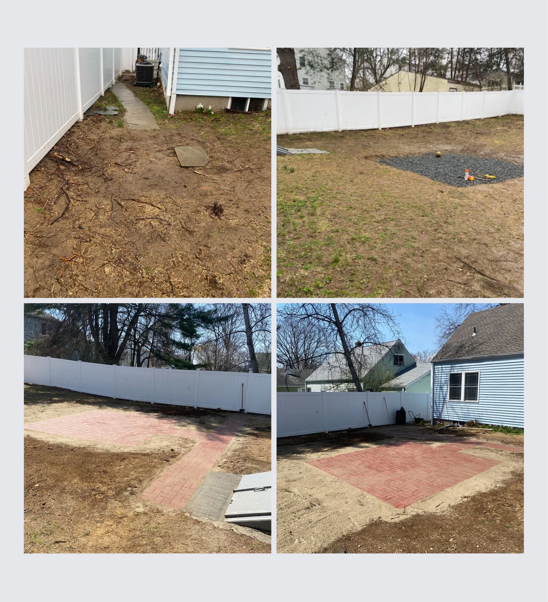 Before and after photos of backyard patio renovation. The top images show a dirt backyard with some grass, one with a walkway and one with a small gravel patch. The bottom images show the backyard with new brick patio edges installed, creating a fini