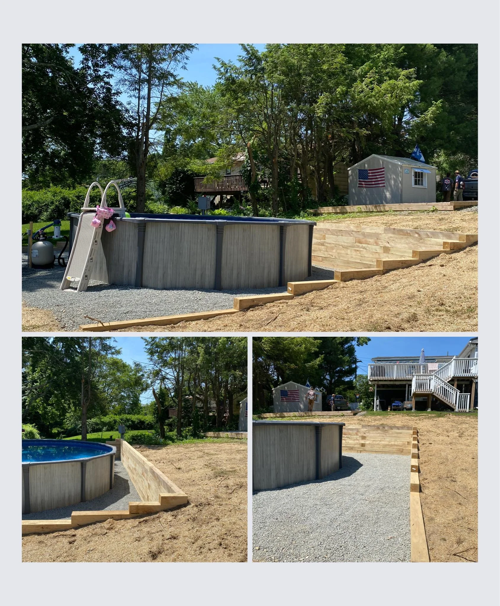 Photos of a backyard pool with wooden fencing and steps under construction, surrounded by trees with a shed in the background displaying an American flag, and a gravel area near the pool.