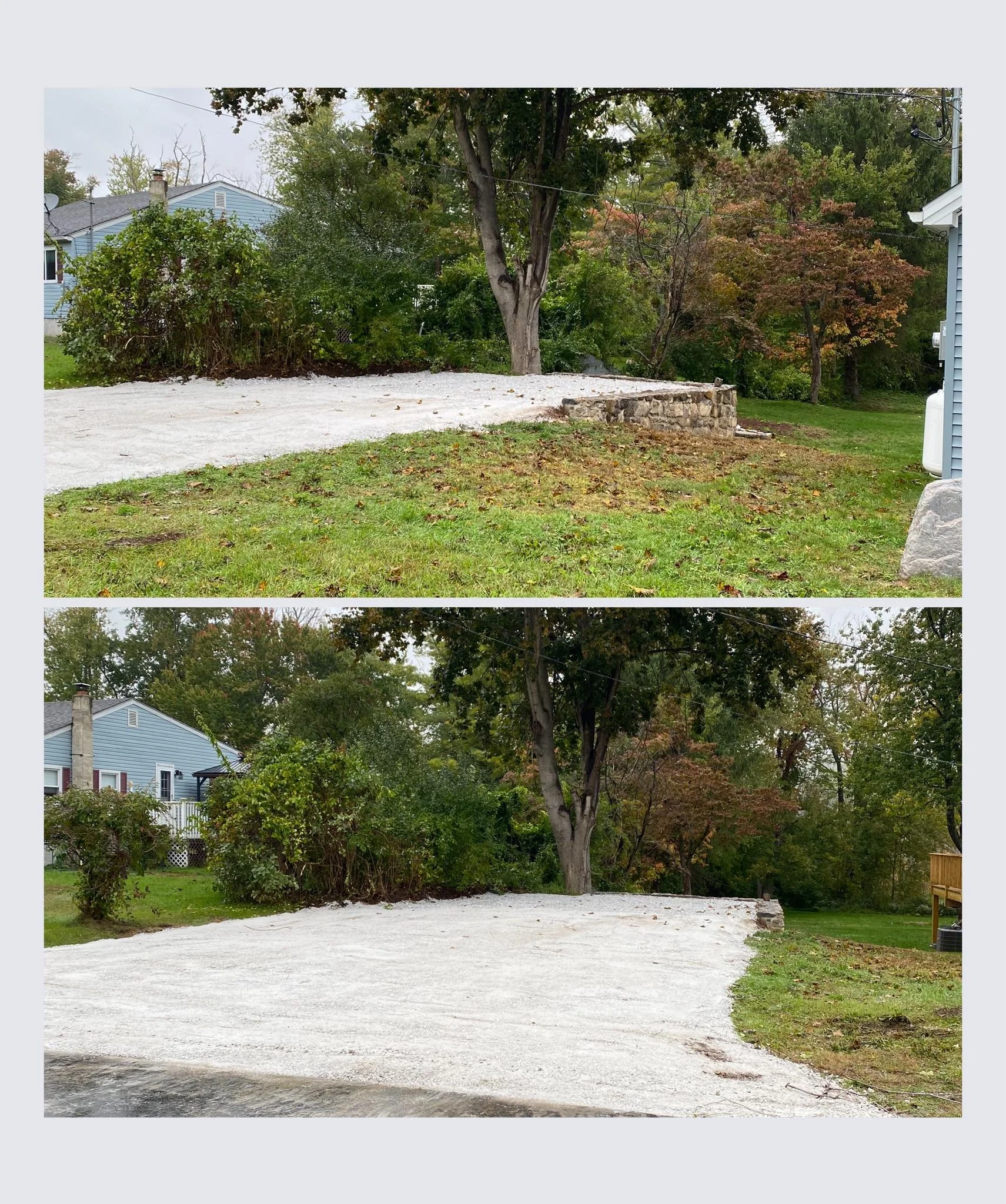 Comparison of a yard before and after gravel installation, showing a grassy area with trees and bushes in the background.