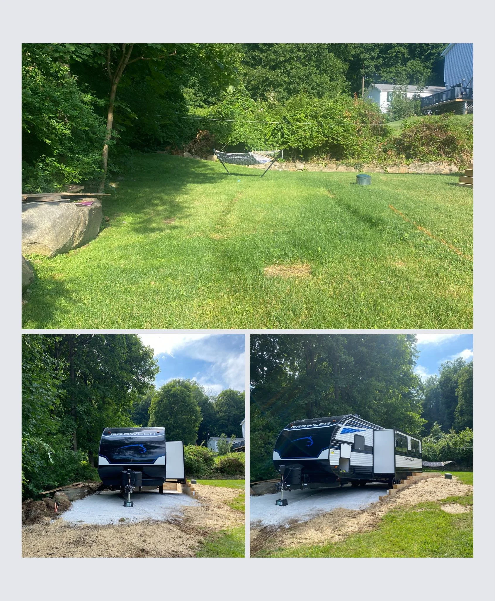 A backyard with green grass, trees, a hammock, and a house. Two photos of a new black and white travel trailer parked on a gravel pad, with a gravel path nearby.