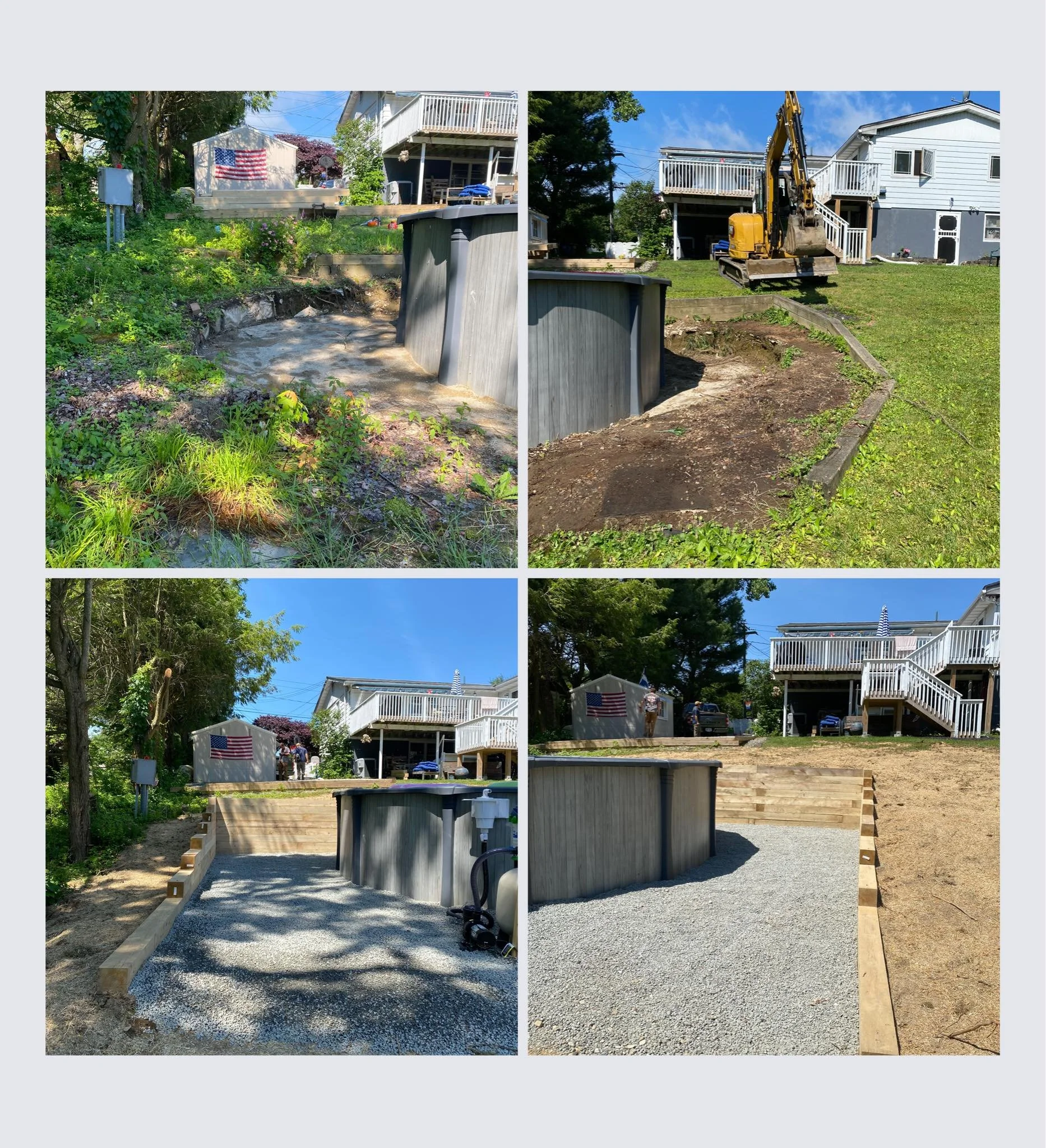 Progression of backyard landscaping: top left shows initial excavation, top right shows trenching with mini excavator, bottom left shows framing with wood, bottom right shows gravel base for patio.