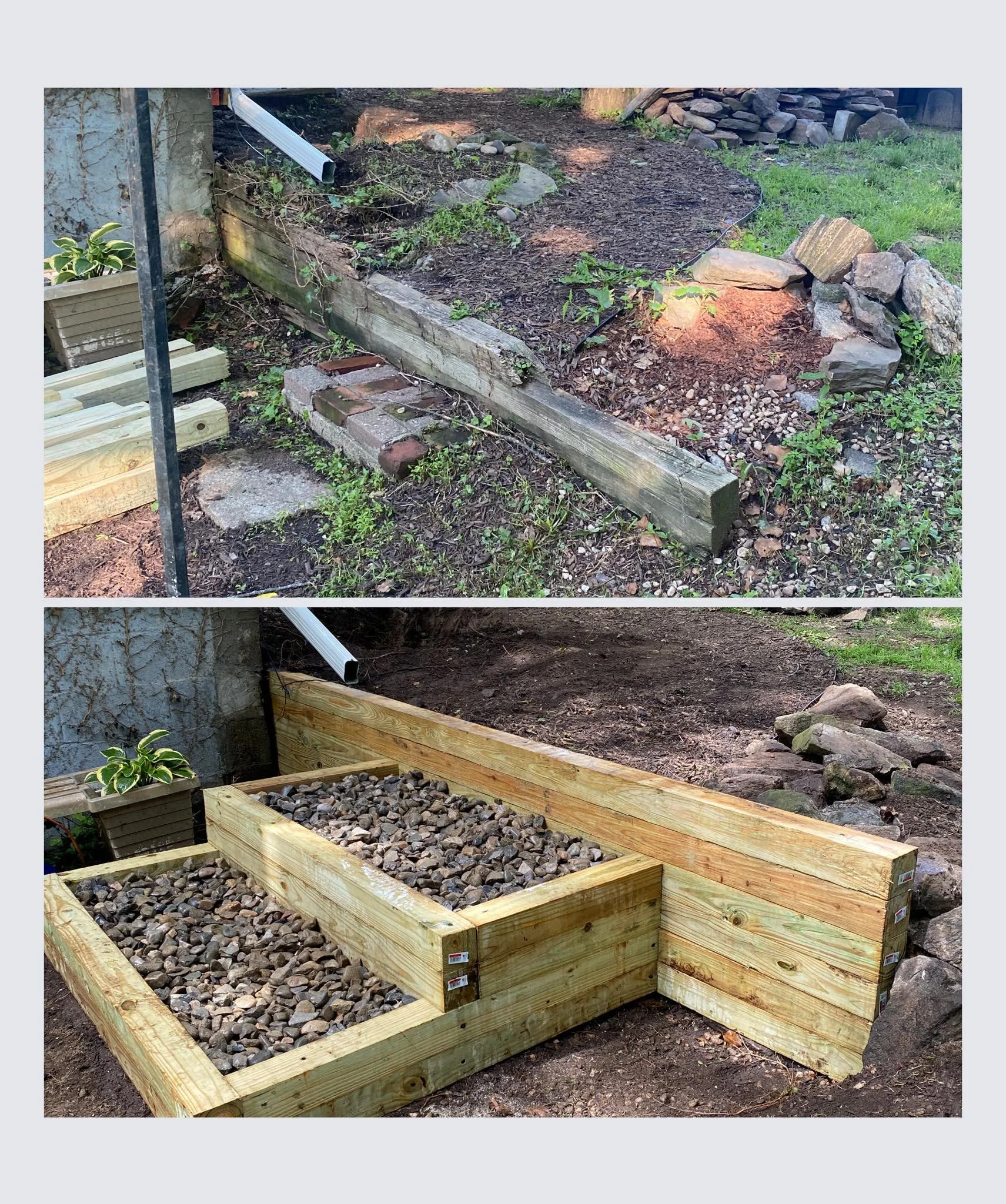 Comparison of a garden bed before and after construction showing the old, worn-out wooden frame in the top image and a newly built, sturdy wooden frame filled with rocks in the bottom image.