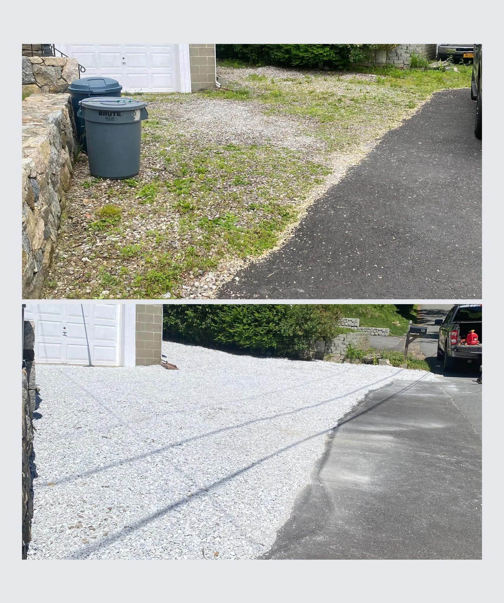 Comparison of a driveway before and after being covered with white gravel. The top image shows an older, gravelly surface with some grass and weeds, while the bottom image shows a newly covered, smooth white gravel surface.