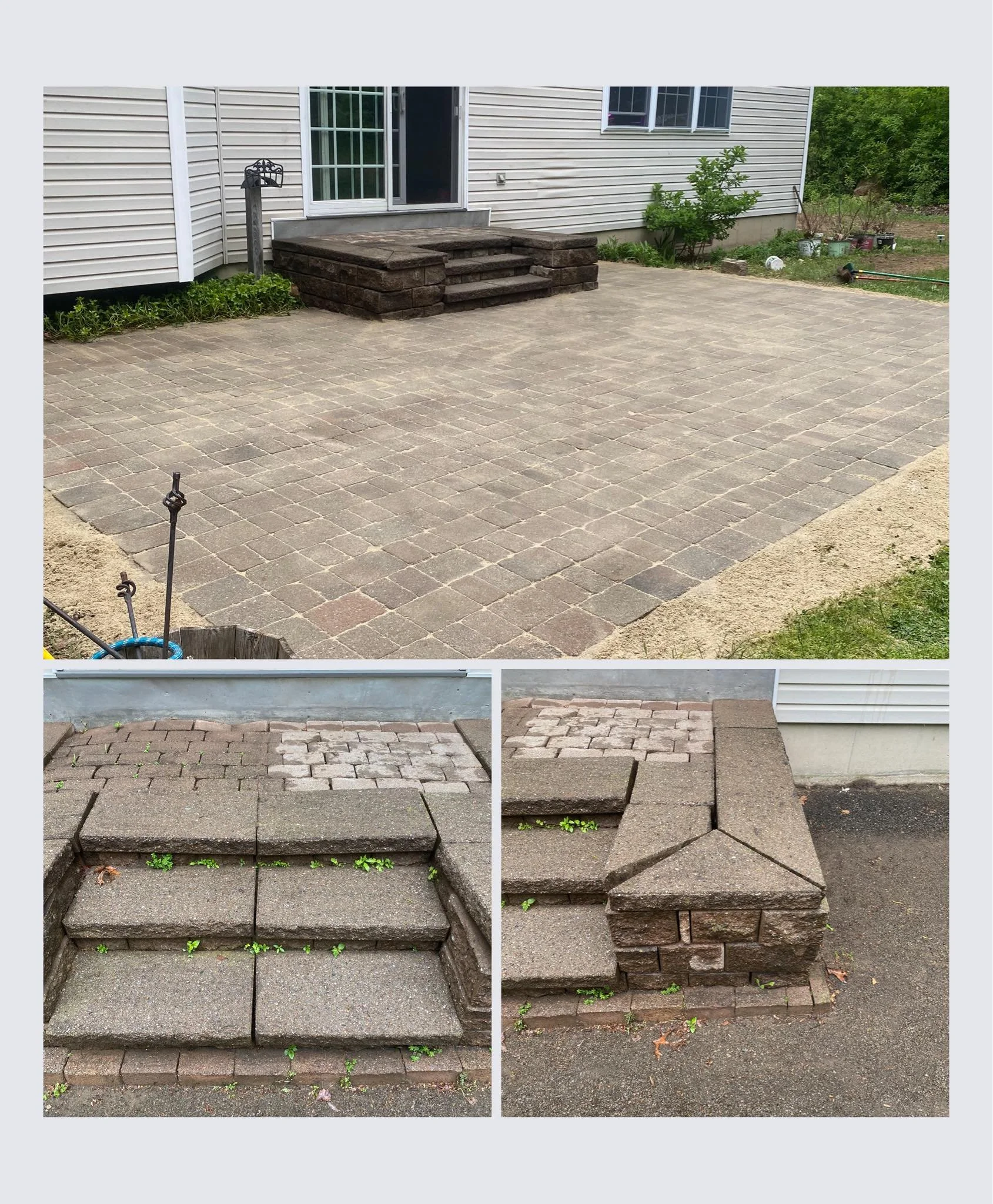 Three images showcasing a home patio project with new brick and stone steps and a paved backyard area. The top image shows an expanded backyard patio with brick pavers and stone steps leading to a sliding glass door. The bottom left image features a 